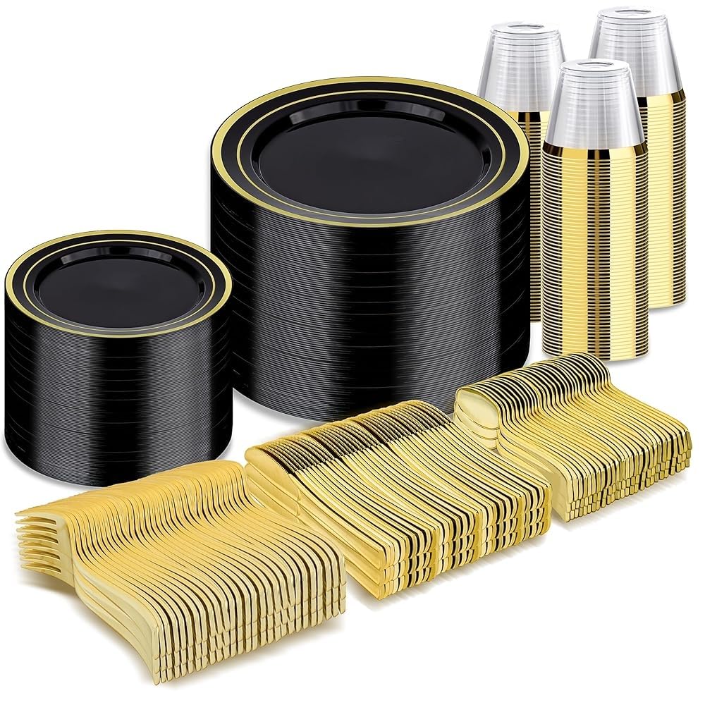 BESTVIP 600PCS Gold Dinnerware Set for 100 Guests,