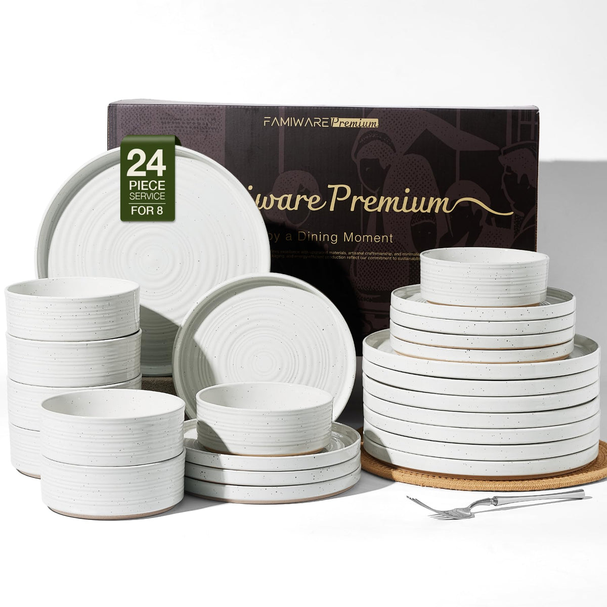 Stoneware Dinnerware Sets for 4, Reactive Glaze Plates & Bowls, Shell Beige