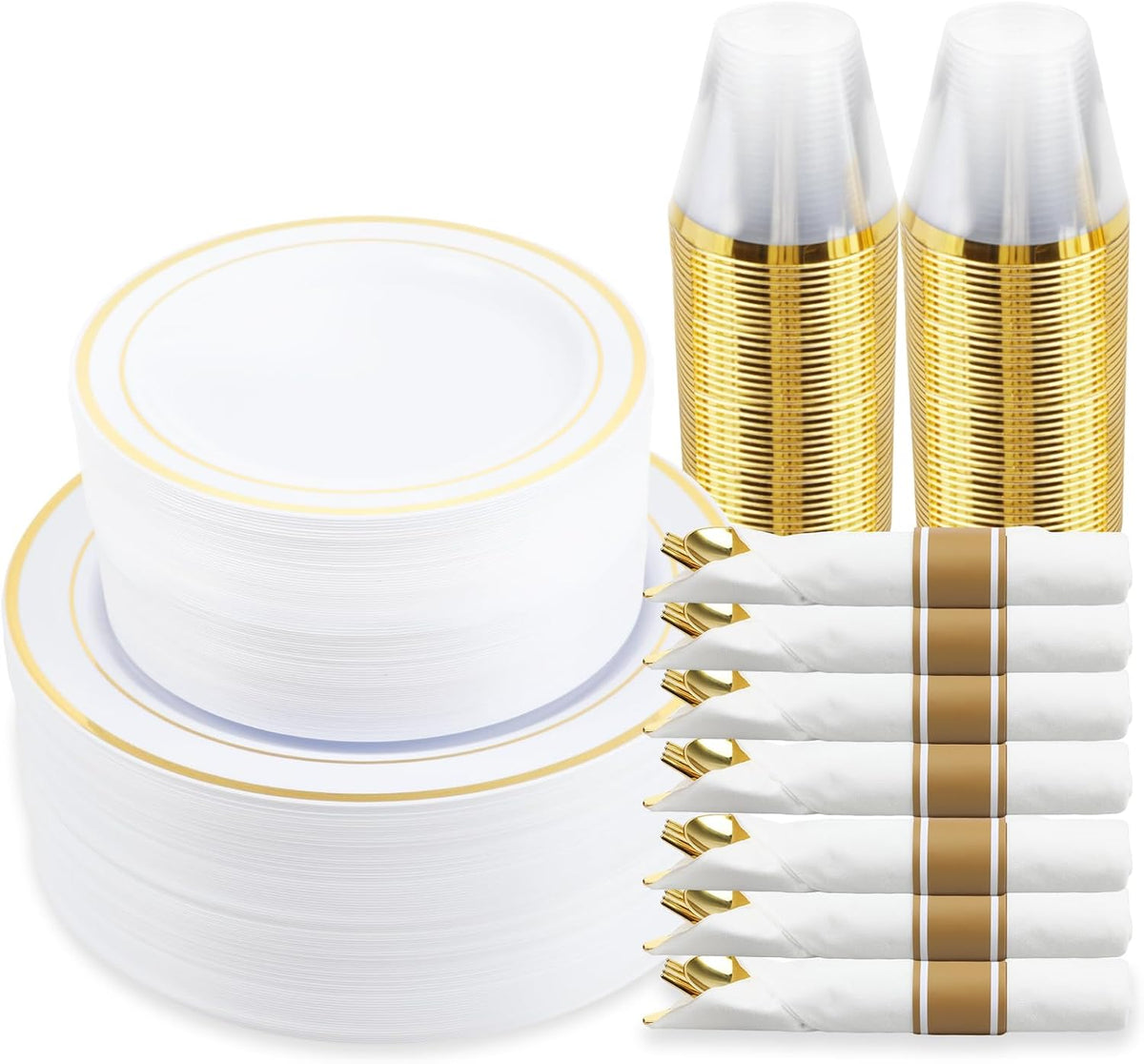 M MCIRCO 350 Piece Gold Dinnerware Set,100 Plastic Plates, 50 Cups,50 Pre Rolled Napkins with Plastic Silverware, Disposable Gold Dinnerware Set for 50 Guest