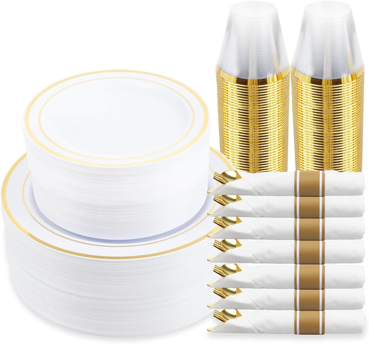 M MCIRCO 350 Piece Gold Dinnerware Set,100 Plastic Plates, 50 Cups,50 Pre Rolled Napkins with Plastic Silverware, Disposable Gold Dinnerware Set for 50 Guest