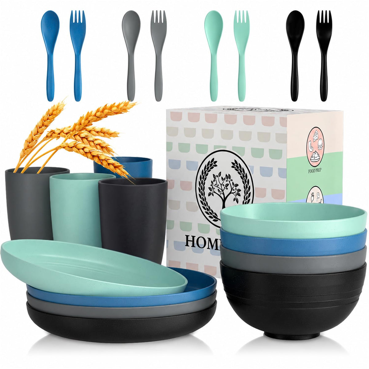 Homienly Wheat Straw Dinnerware Sets 20 PCS Plates and Bowls Sets Microwave and Dishwasher Safe Dish Set Unbreakable Camping Dish Set Cups and Plates Sets for Kitchen, Picnic, RV (Multilight)