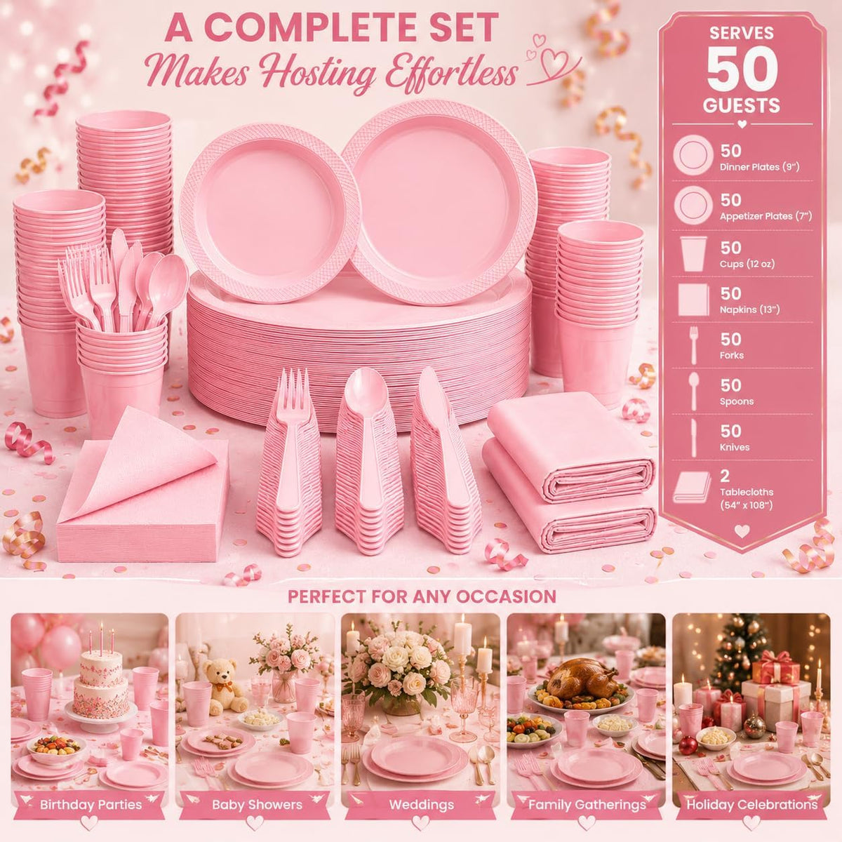 Tinybee 352 Pcs Pink Plastic Plates, Disposable Dinnerware Set for 50