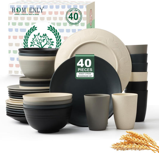 Homienly Kitchen Wheat Straw Dinnerware Set 40 PCS - Dinner Plates, Cereal Bowls, Wheat Straw Cups Set, Microwave and Dishwasher Safe Dishes Set, Unbreakable Dish Set for Party, Outdoor(Grey Stone)
