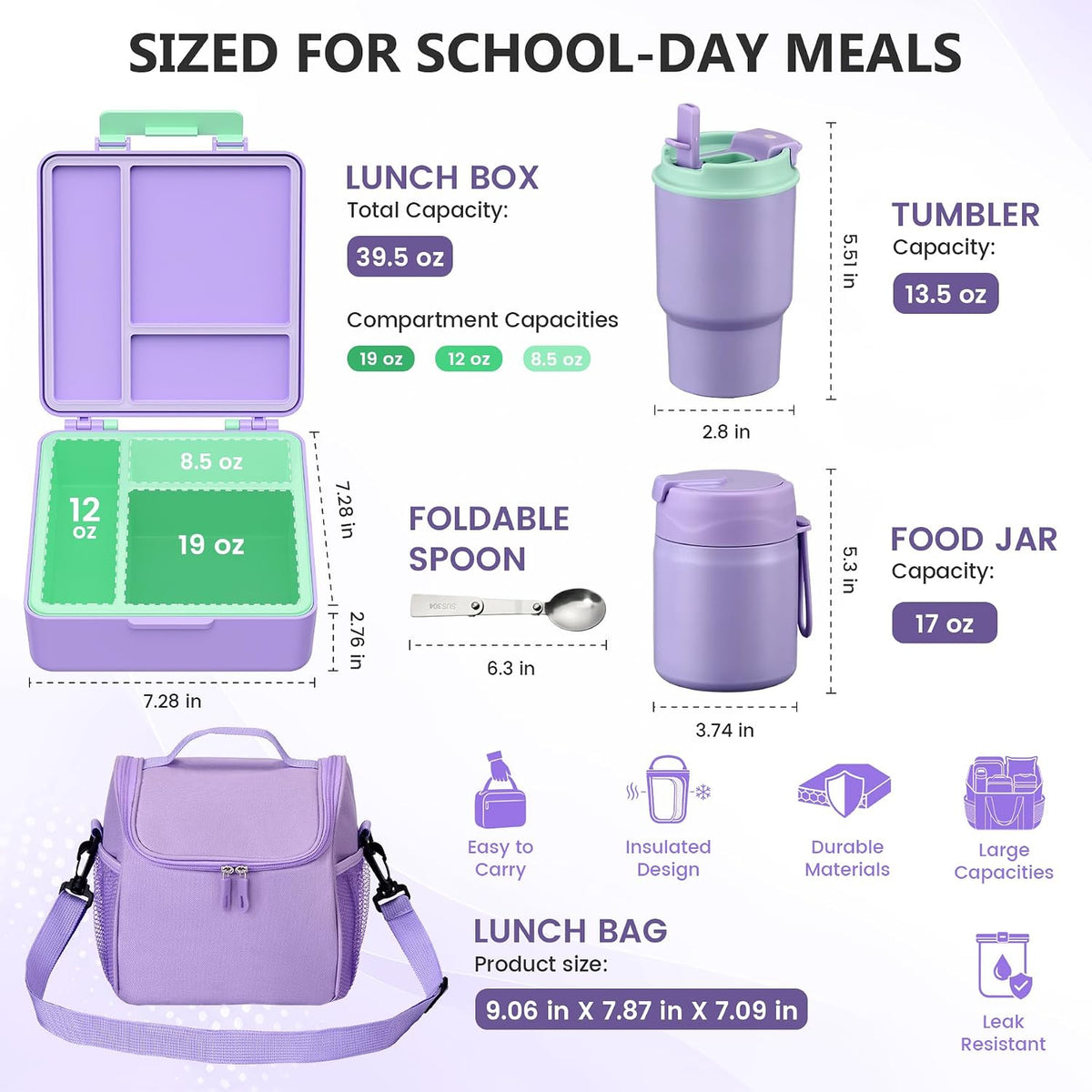 Pawtong Lunch Box Set with Bento Box Container, 17OZ Stainless Steel Food Soup Thermo, Kids Water Bottle & Portable Insulated Lunch Bag – Leakproof, Hot/Cold Retention for School, Travel (Purple)