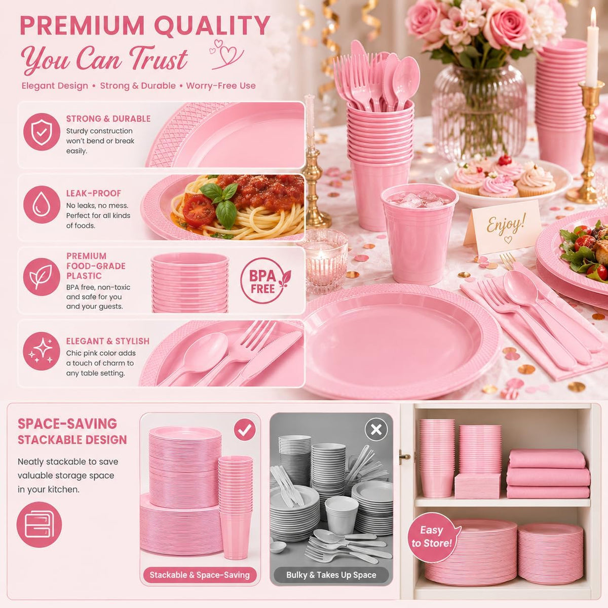 Tinybee 352 Pcs Pink Plastic Plates, Disposable Dinnerware Set for 50