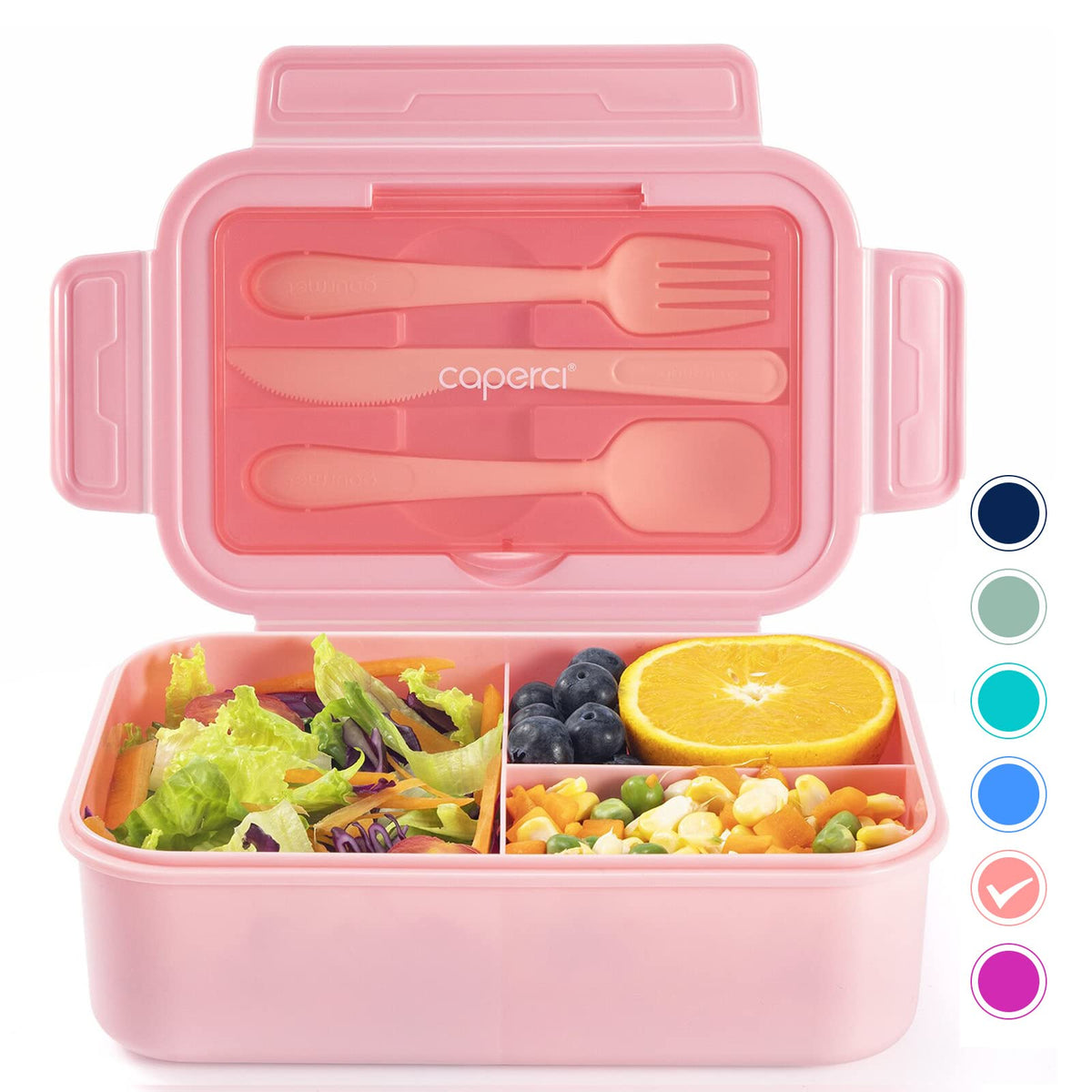 Caperci Classic Bento Box Adult Lunch Box for Older Kids - Leakpoof 47 oz 3-Compartment Containers for Adults and Teens, Built-in Utensil Set, Ideal for On-the-Go Balanced Eating, Navy Blue