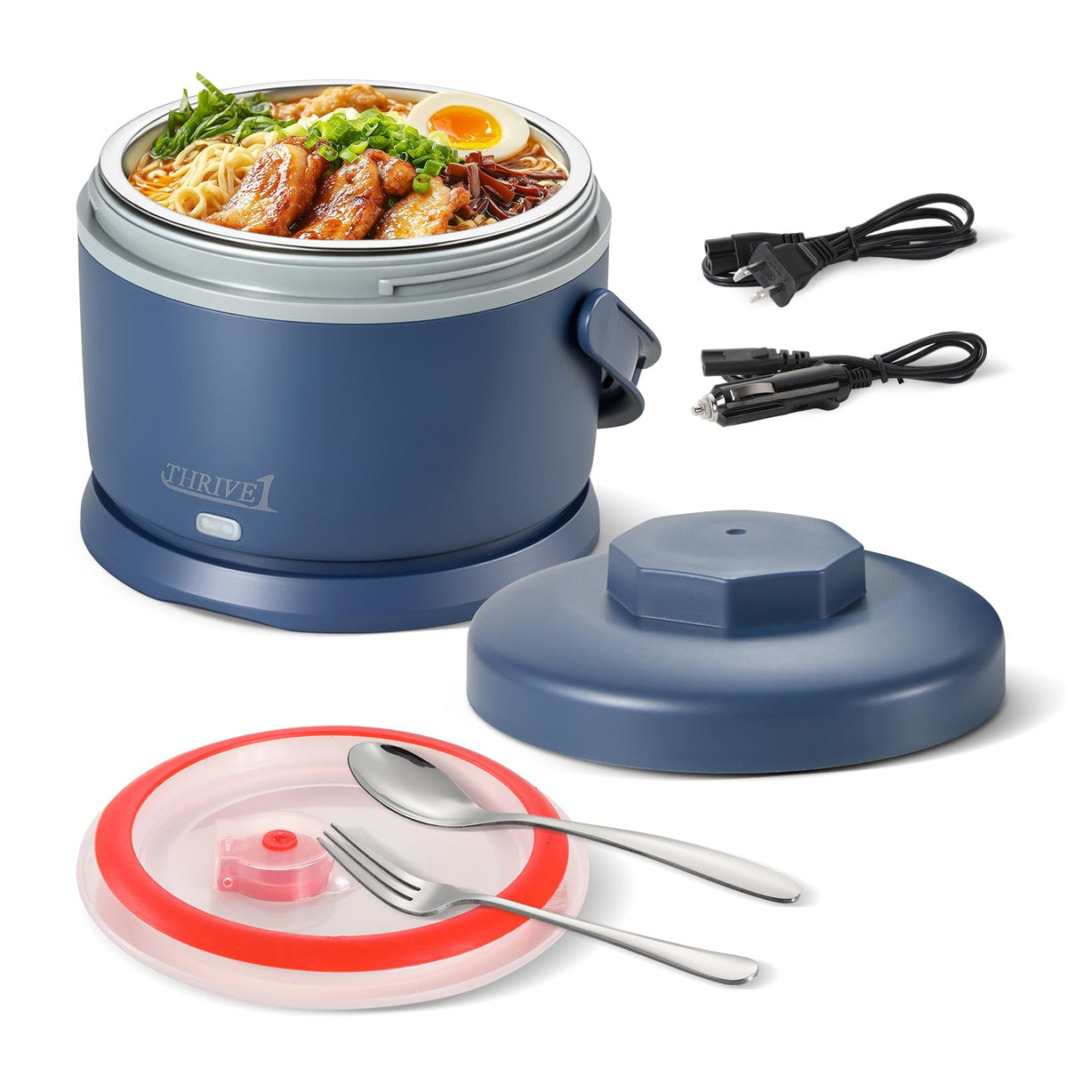 Electric Lunch Box for Adults 40 oz Portable Food Warmer 12V/24V/110V/220V Heated Lunch Box for Work, Office, Car, Travel, Home Use (Blue)