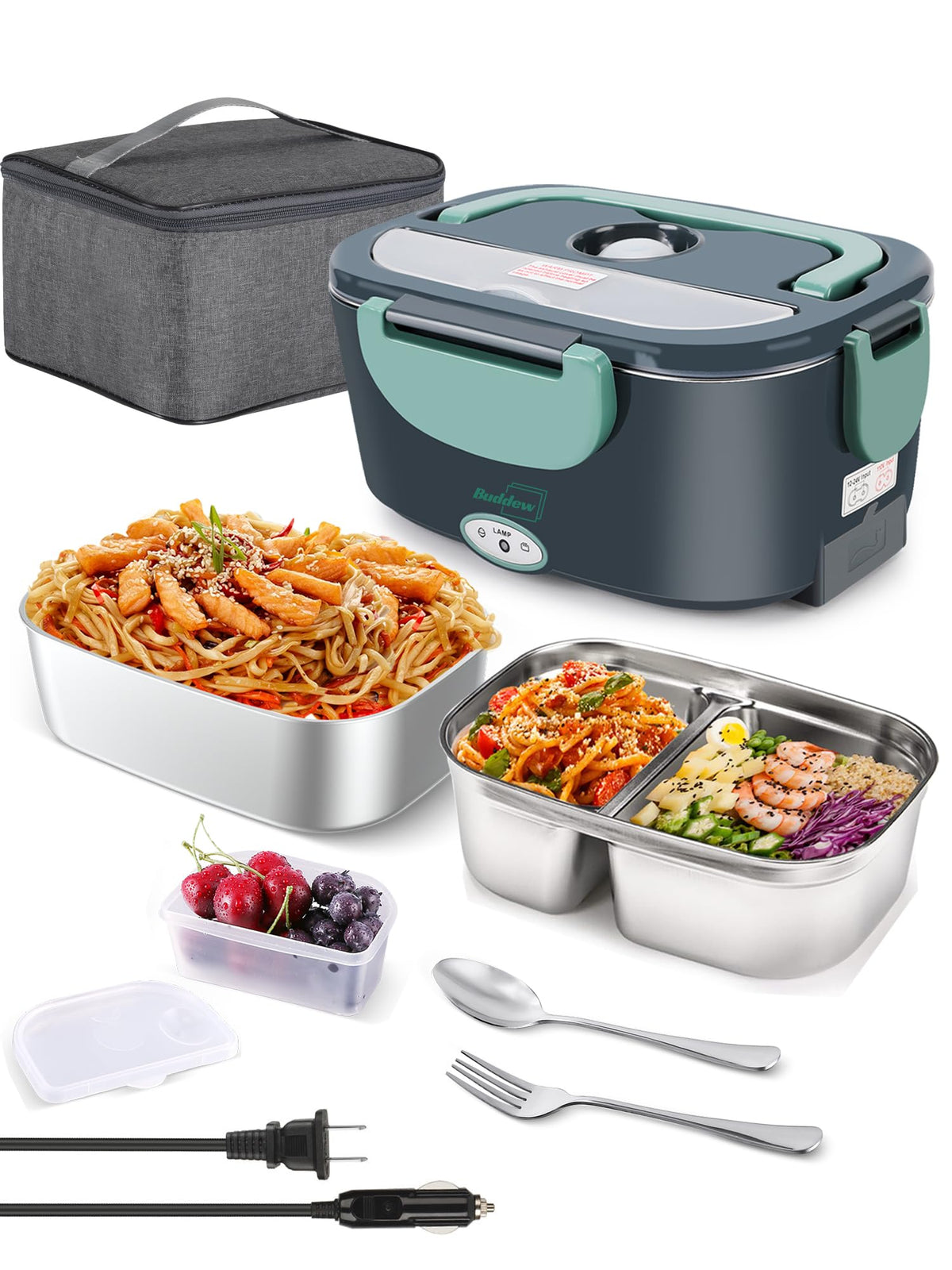 Buddew Electric Heated Lunch Box, 100W Fast Heating, 1.5L Food-Grade 304 Stainless Steel, 12V/24V/110V Portable Food Warmer for Car Truck Office Adults, Lonchera Electrica Portatil (Green)