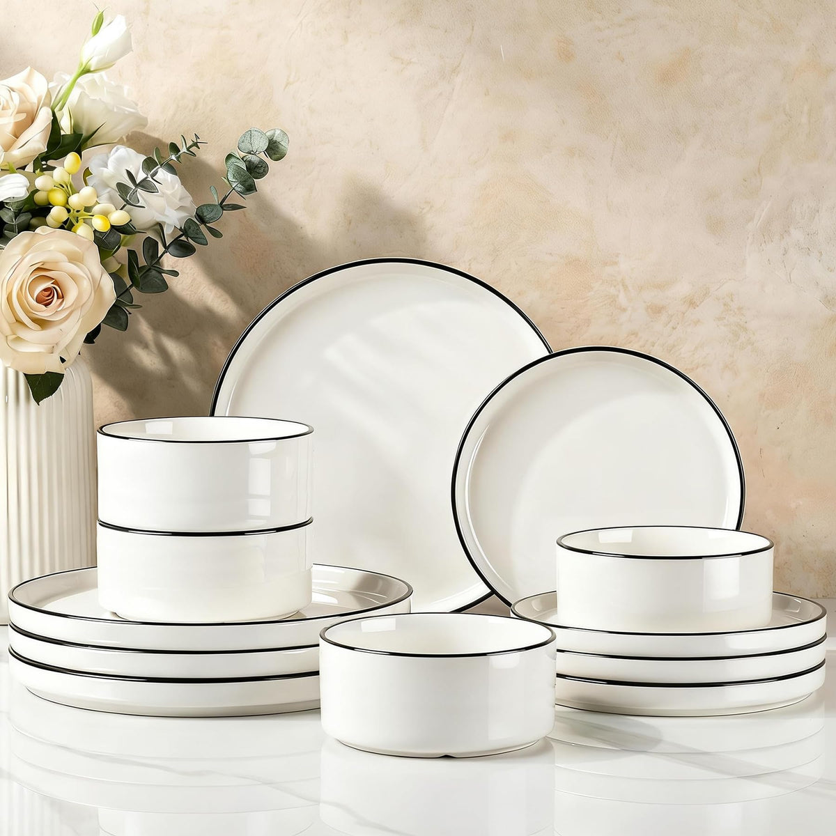 Famiware Nebula Plates and Bowls, 12-Piece Dinnerware Set, Cinnamon Brown