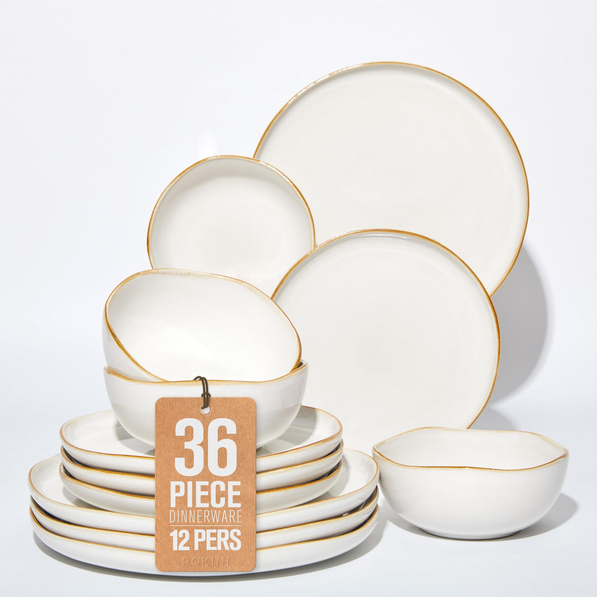 Pokini Stoneware Dinnerware Sets for 4, 12Pcs Ceramic Plates and Bowls Sets