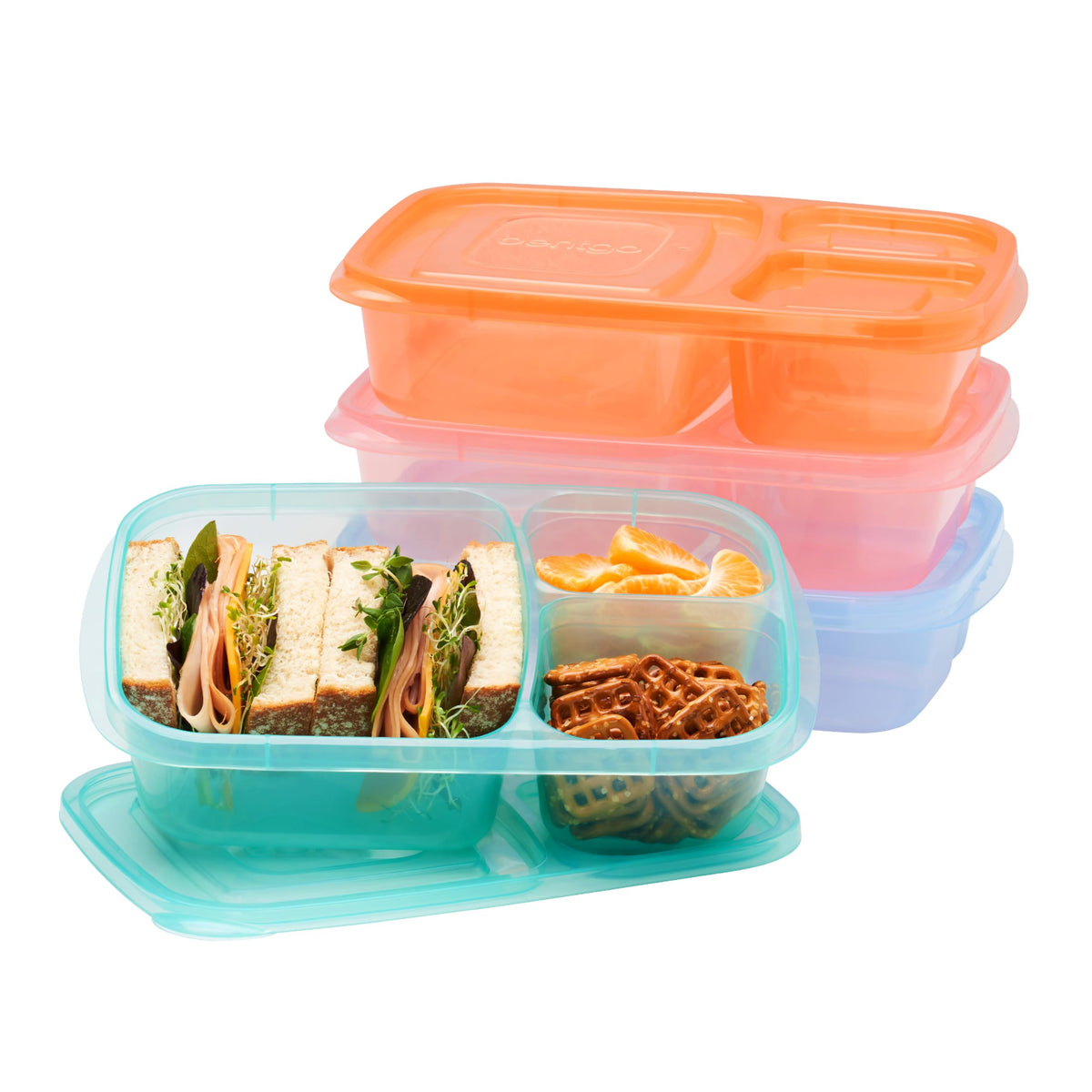 Bentgo Easyboxes - Original Stackable Lunch Boxes - Reusable 3-Compartment Food Containers for Kids and Adults - Bento Lunch Box for Meal Prep, School, & Work - BPA Free, Set of 4 (Brights)
