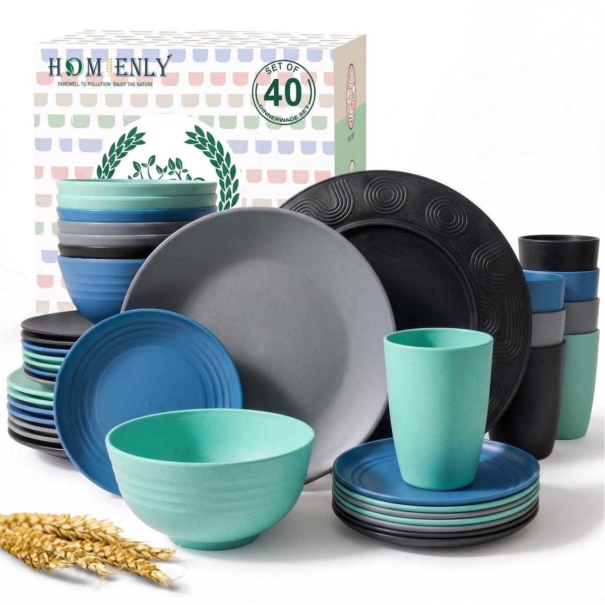 Homienly Wheat Straw Dinnerware Sets 20 PCS Plates and Bowls Sets Microwave and Dishwasher Safe Dish Set Unbreakable Camping Dish Set Cups and Plates Sets for Kitchen, Picnic, RV (Multilight)