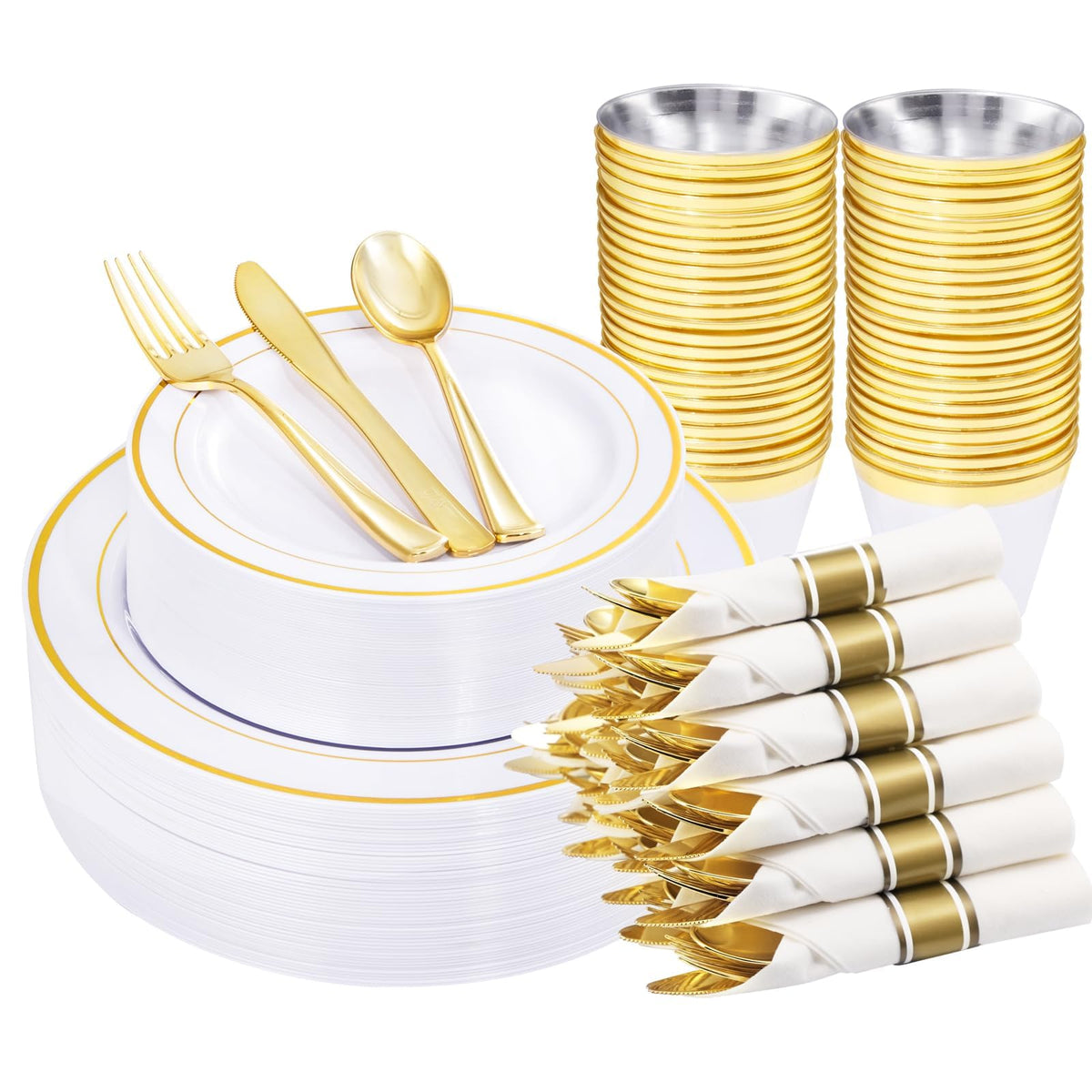 WELLIFE Disposable Plates & Gold Silverware Set, 350 Pieces for 50 Guests
