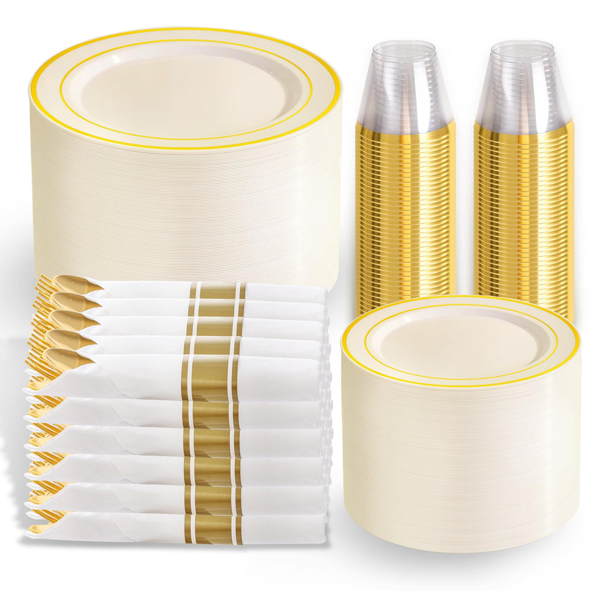 WELLIFE Disposable Plates & Gold Silverware Set, 350 Pieces for 50 Guests
