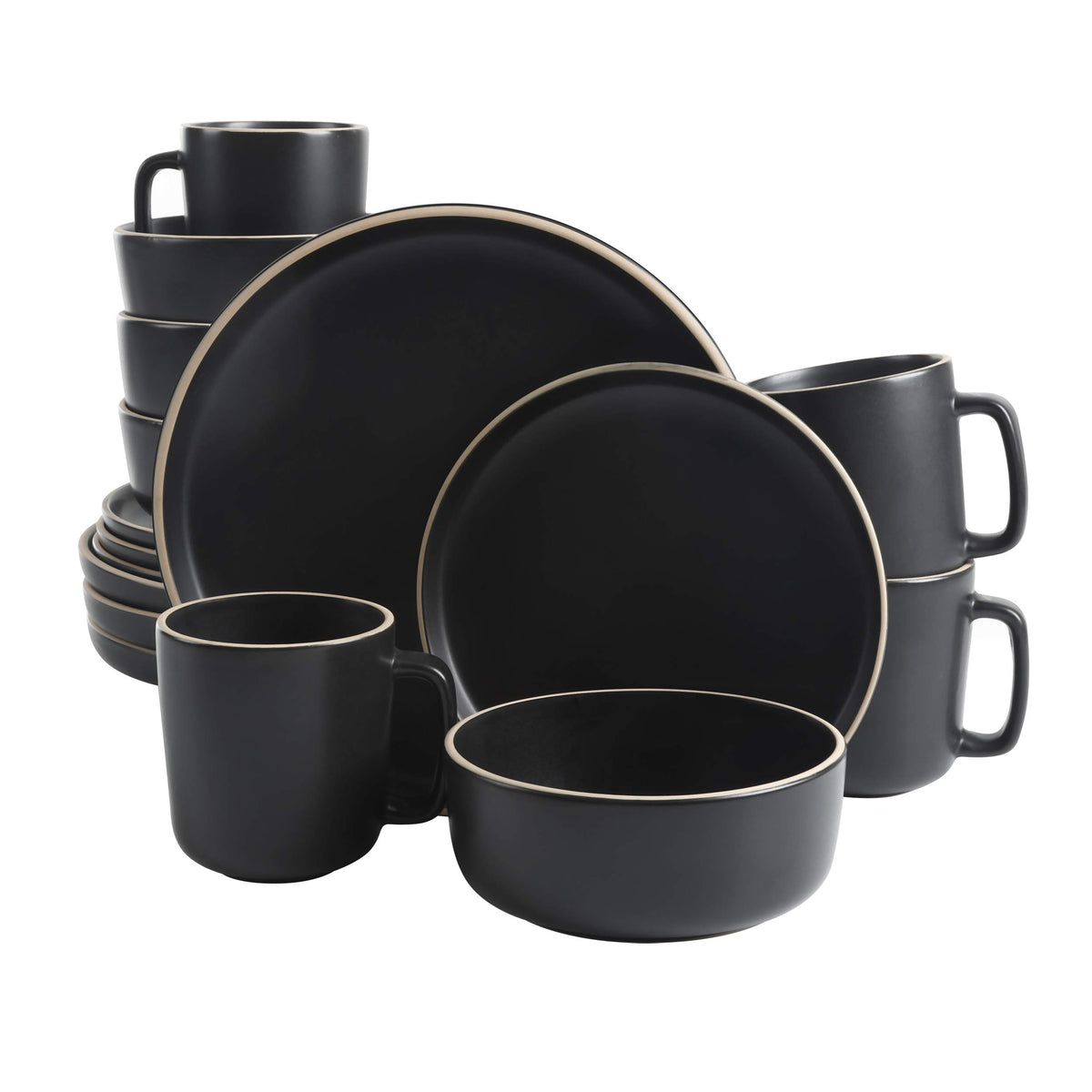 Gibson Home Zuma Stoneware Plates, Bowls, & Mugs Dinnerware Set - Matte Black, Service for Four (16pcs)