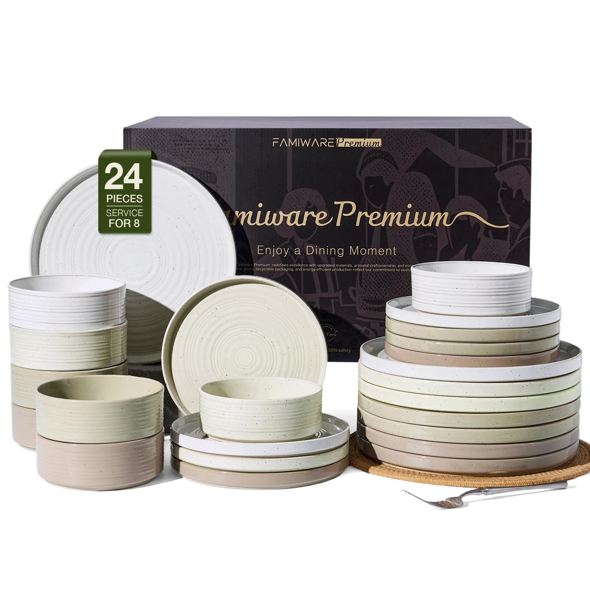 Stoneware Dinnerware Sets for 4, Reactive Glaze Plates & Bowls, Shell Beige