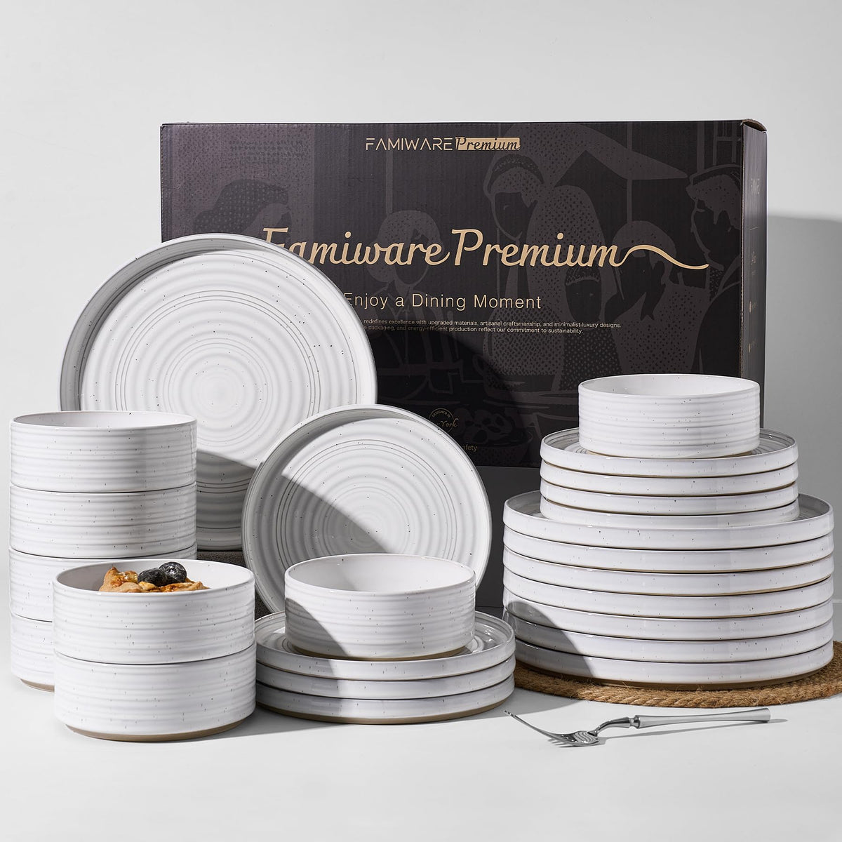 Stoneware Dinnerware Sets for 4, Reactive Glaze Plates & Bowls, Shell Beige