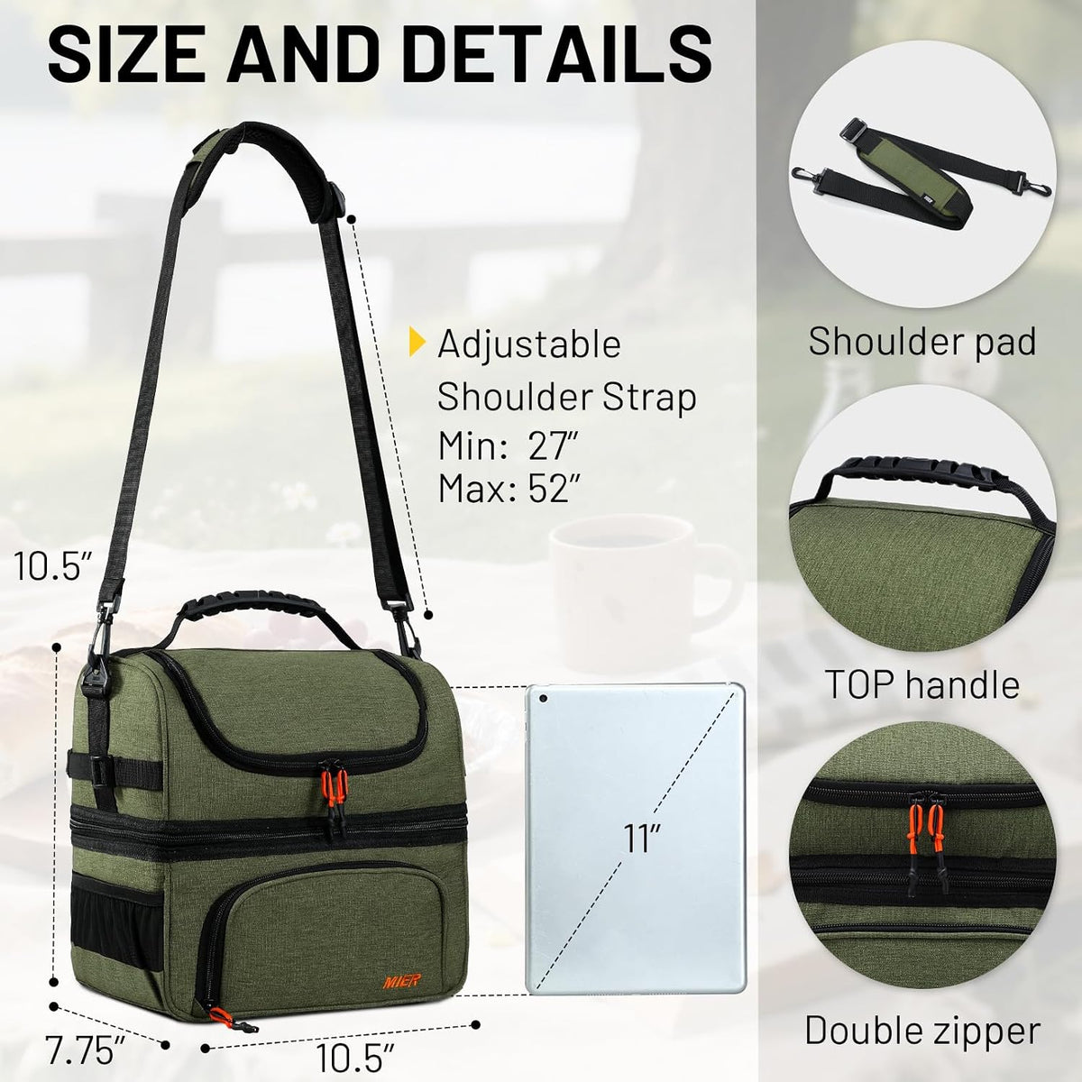 MIER Lunch Box for Men Dual Compartment Adult Lunch Bag for Work Army Green
