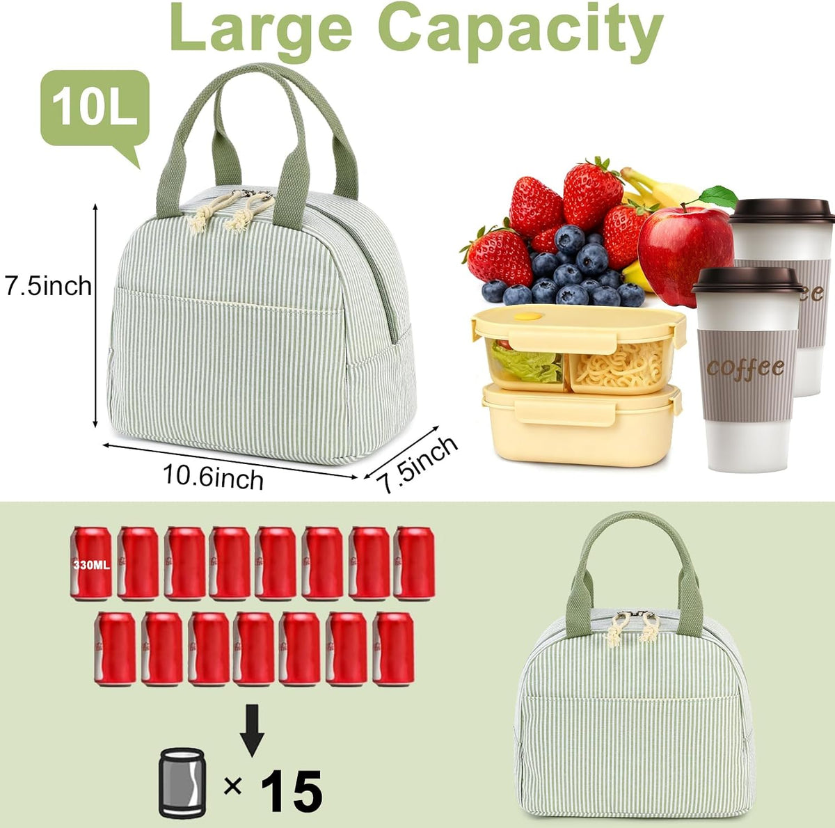 Bluboon Lunch Box for Women Cute Lunch Bag Reusable Insulated Lunch Bags Large Capacity Lunchbox Cooler for Work Picnic or Travel Gifts (A Sage Green White Stripes, 10 x 7.5 x 8 inches)