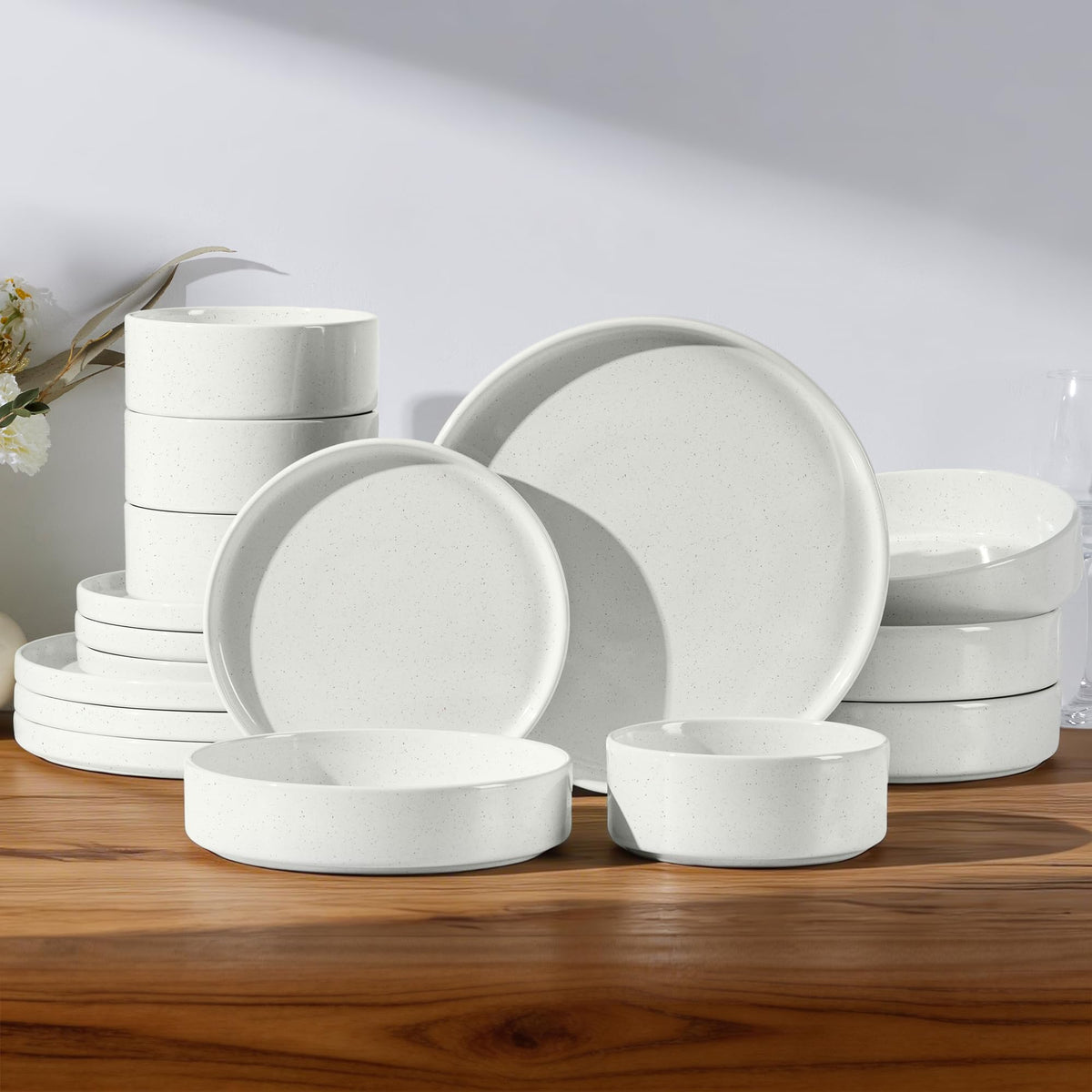 E-far Stoneware Dinnerware Sets, 12-Piece Black Plates and Bowls Set for 4