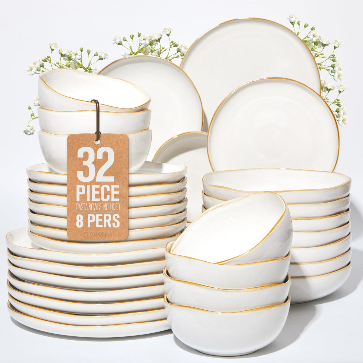 Pokini Stoneware Dinnerware Sets for 4, 12Pcs Ceramic Plates and Bowls Sets