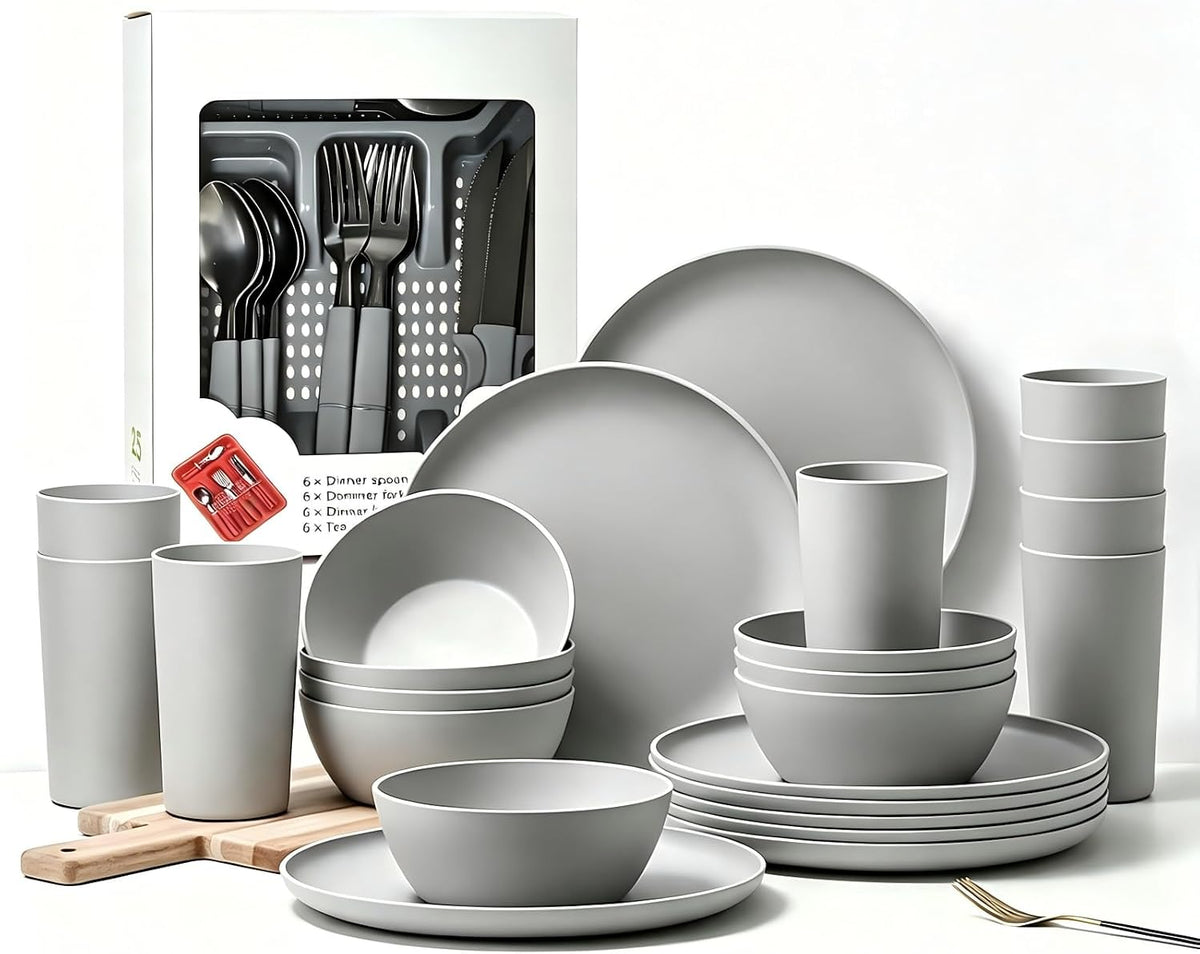 24pcs Matte Black Dinnerware Set, Plates Bowls & Cups, Unbreakable Dishes for 8, Reusable BPA‑Free Tableware, Dishwasher Safe for Kitchen Party Picnic Camping, Bonus Cutlery Set Included