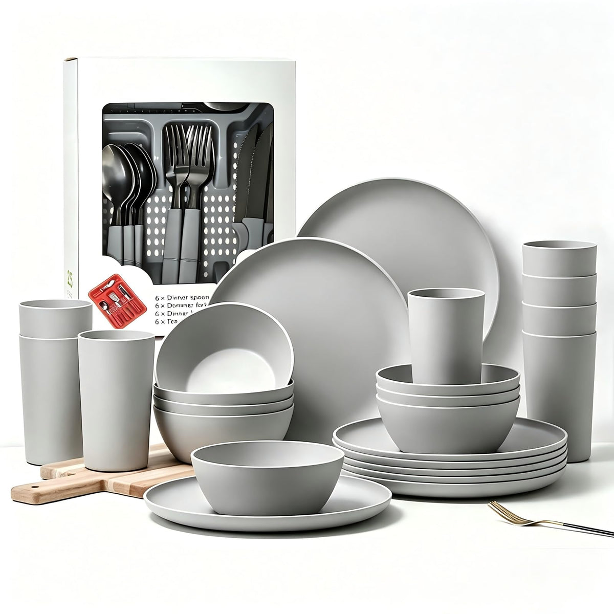 24pcs Matte Black Dinnerware Set, Plates Bowls & Cups, Unbreakable Dishes for 8, Reusable BPA‑Free Tableware, Dishwasher Safe for Kitchen Party Picnic Camping, Bonus Cutlery Set Included