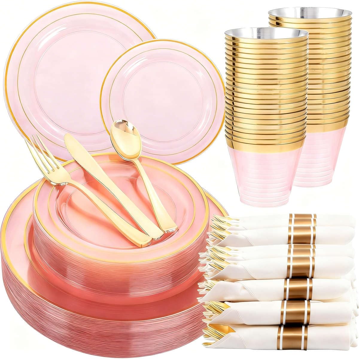 WELLIFE Disposable Plates & Gold Silverware Set, 350 Pieces for 50 Guests