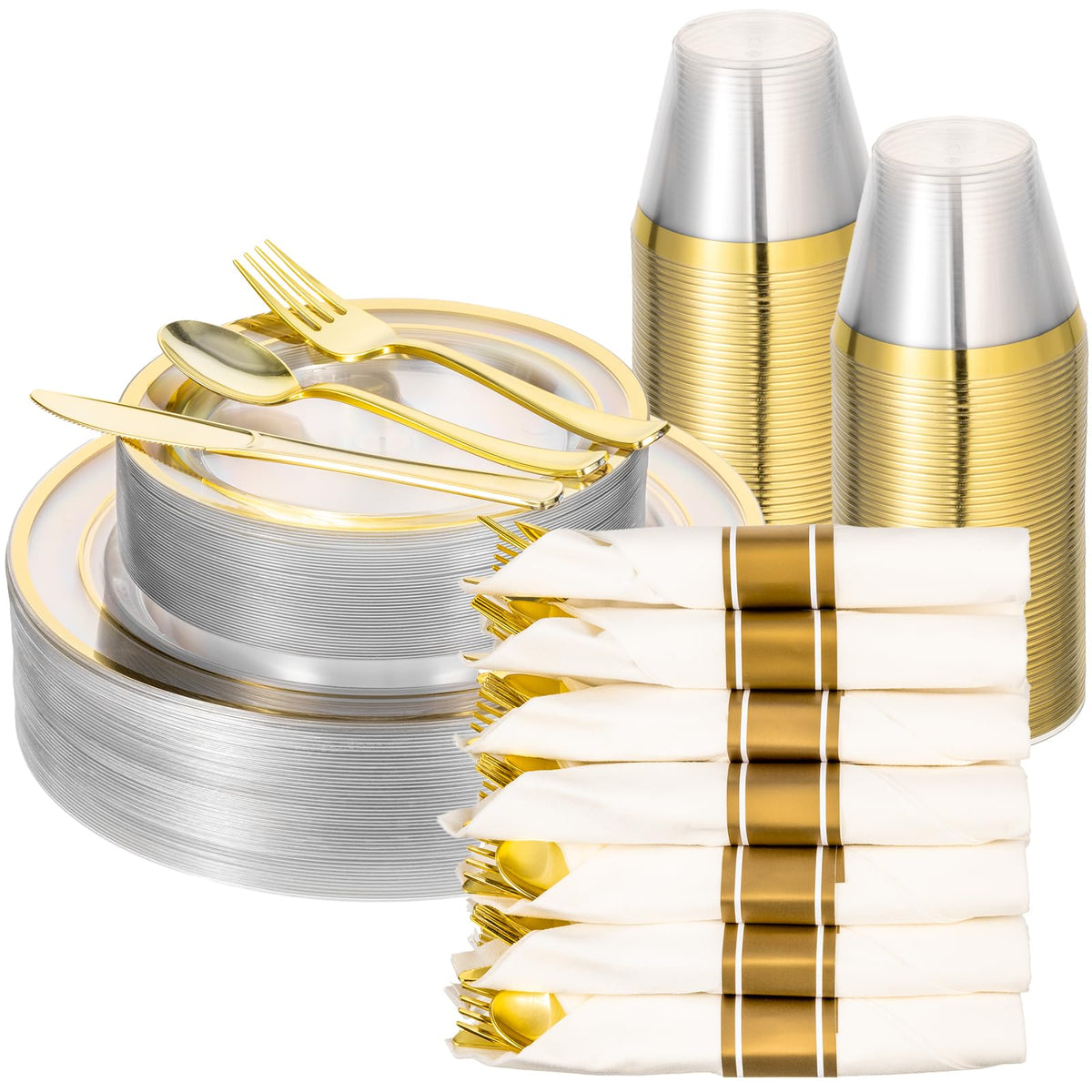 realluck 350 PCS White and Silver Plastic Dinnerware Set for 50 Guests, 100 Disposable Plates for Party, 50 Pre Rolled Napkins with Silver Silverware, 50 Cups