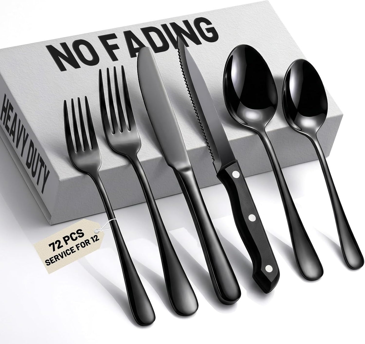 72 PCS NO-FADING Black Silverware Set with Steak Knives-Flatware for 12