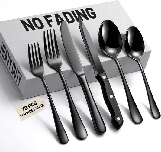 72 PCS NO-FADING Black Silverware Set with Steak Knives-Flatware for 12