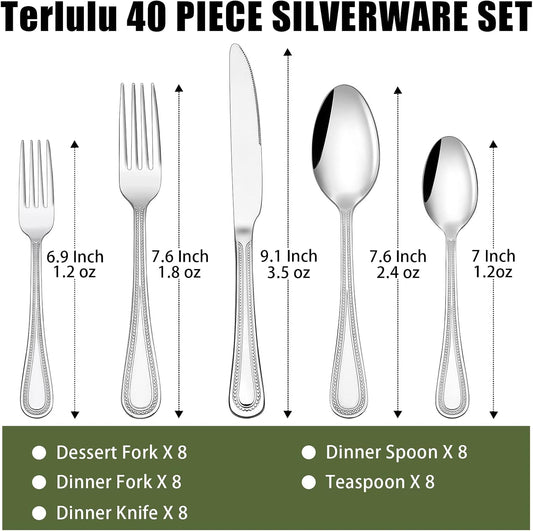 40 Piece Silverware Set for 8, Terlulu Stainless Steel Flatware Set, Mirror Polished Cutlery Set Utensil Set, Tableware Include Forks Spoons Knives for Home Restaurant, Beaded Handle, Dishwasher Safe