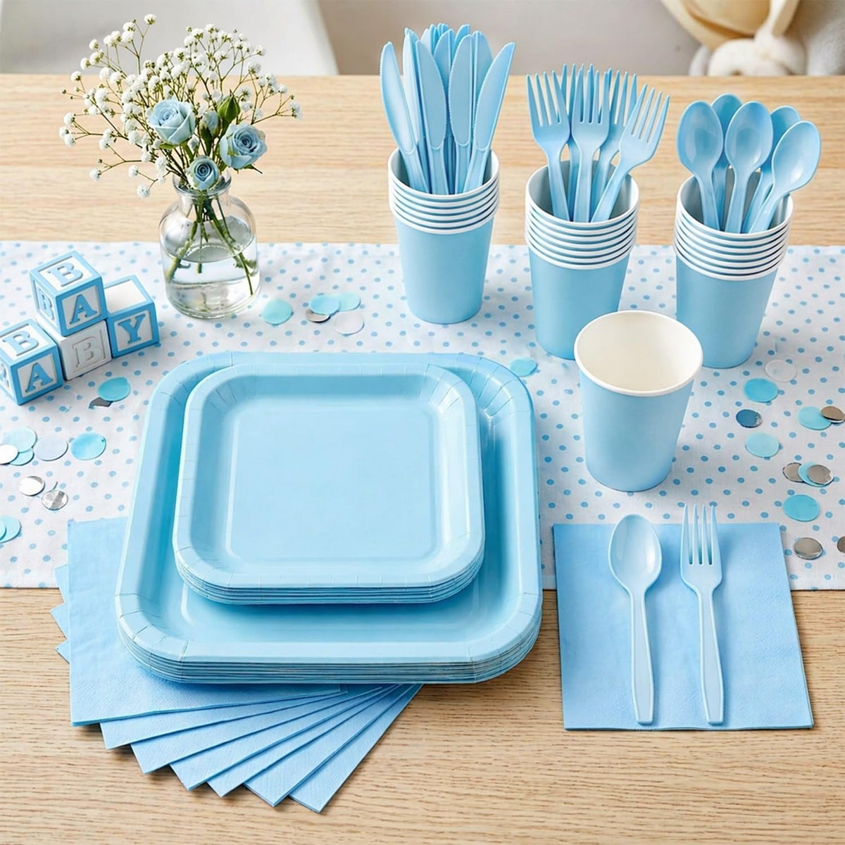 Vyntra 350 Pcs Light Blue Square Paper Plates and Napkins Set, Serves 50