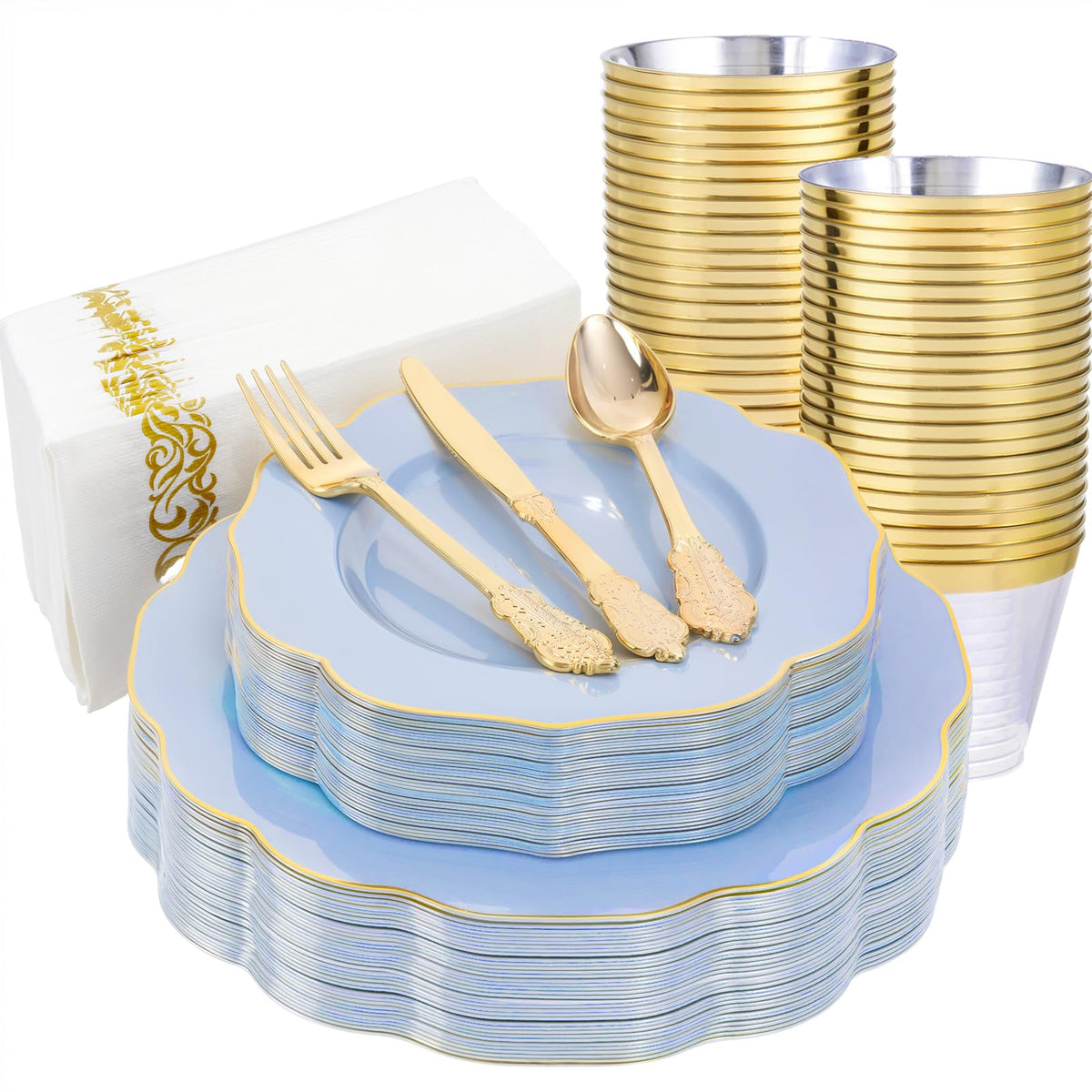 NOCCUR 175PCS Pink Plates with Gold Disposable Silverware - Include 50 Pink Plastic Plates,25 Knives,25 Forks,25 Spoons,25 Cups and 25 Napkins - Ideal for Party/Wedding/Banquet/Baby Shower