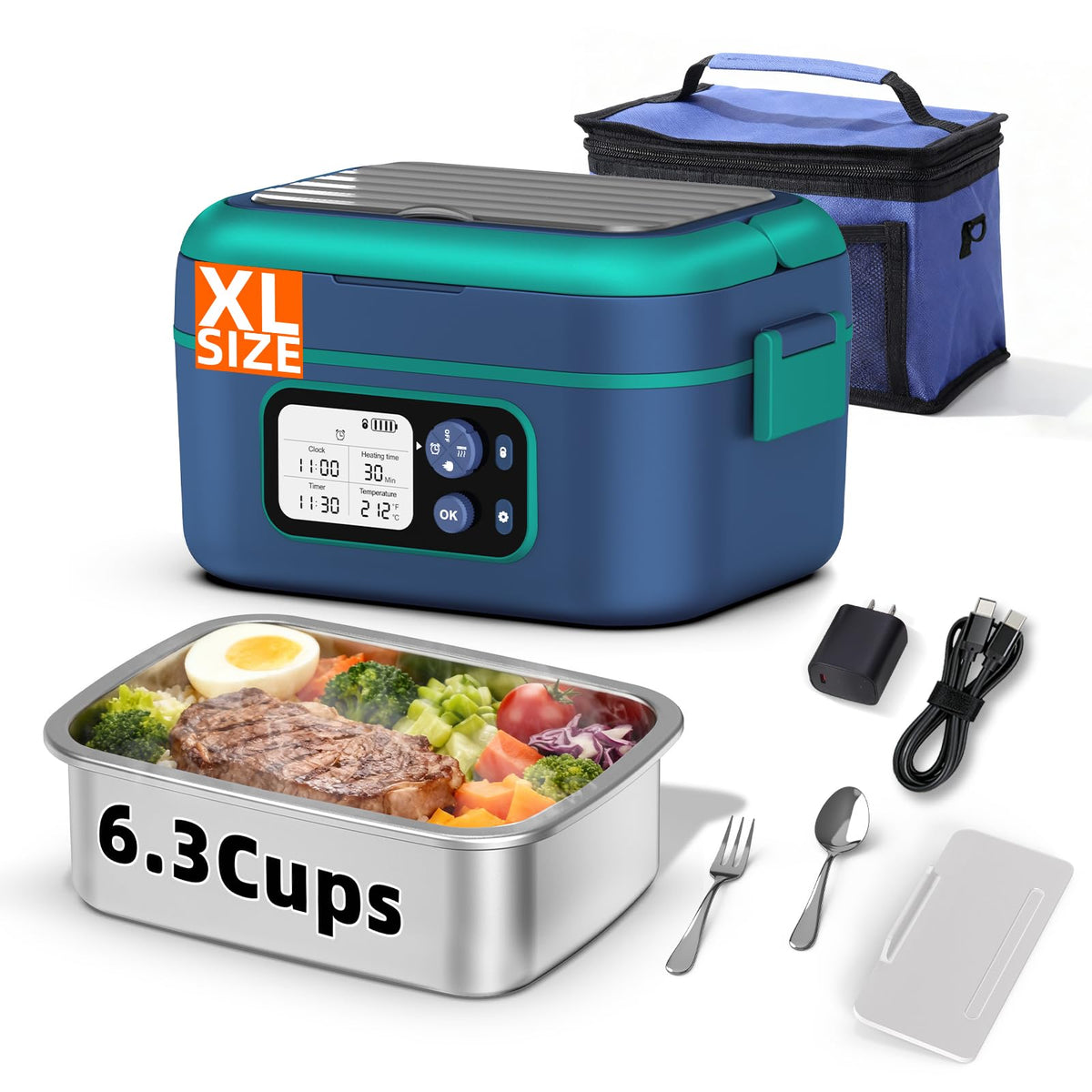 XL 6.3-Cups Cordless Electric Heated Lunch Box for Adults, 20000mAh Rechargeable Battery Powered Smart Self Heating Lunchbox for Men Women, 100W Food Warmer for Trucks Driver Travel Office Worker