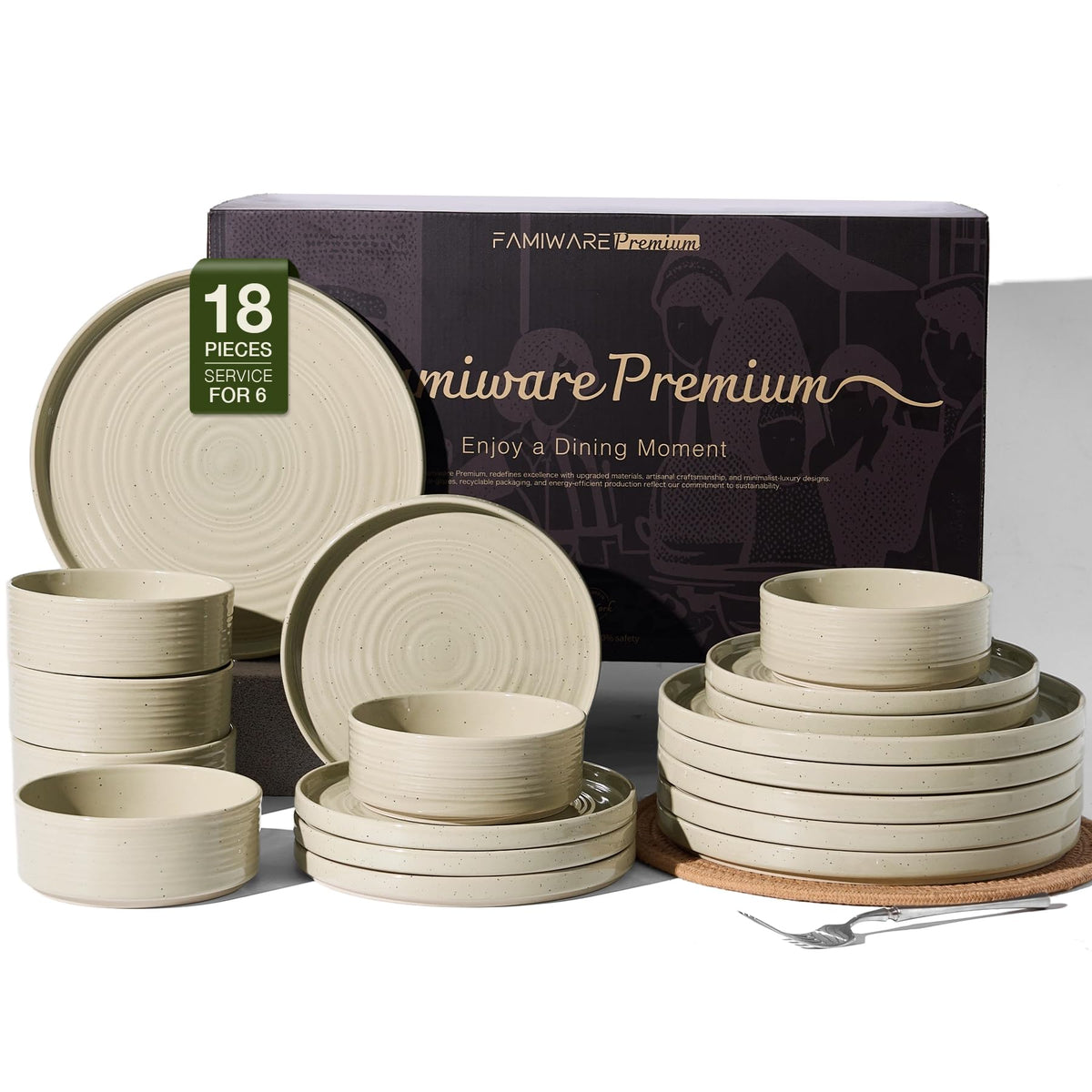 Stoneware Dinnerware Sets for 4, Reactive Glaze Plates & Bowls, Shell Beige