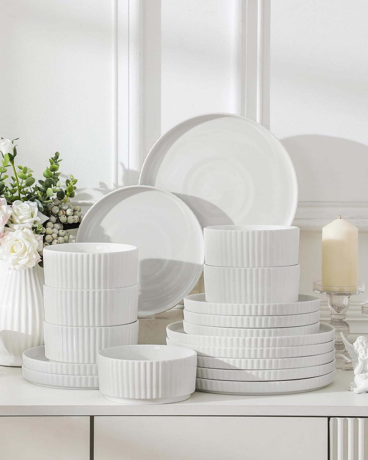 MALACASA Porcelain 18 Pieces Plates and Bowls Set, Dinnerware Set for 6