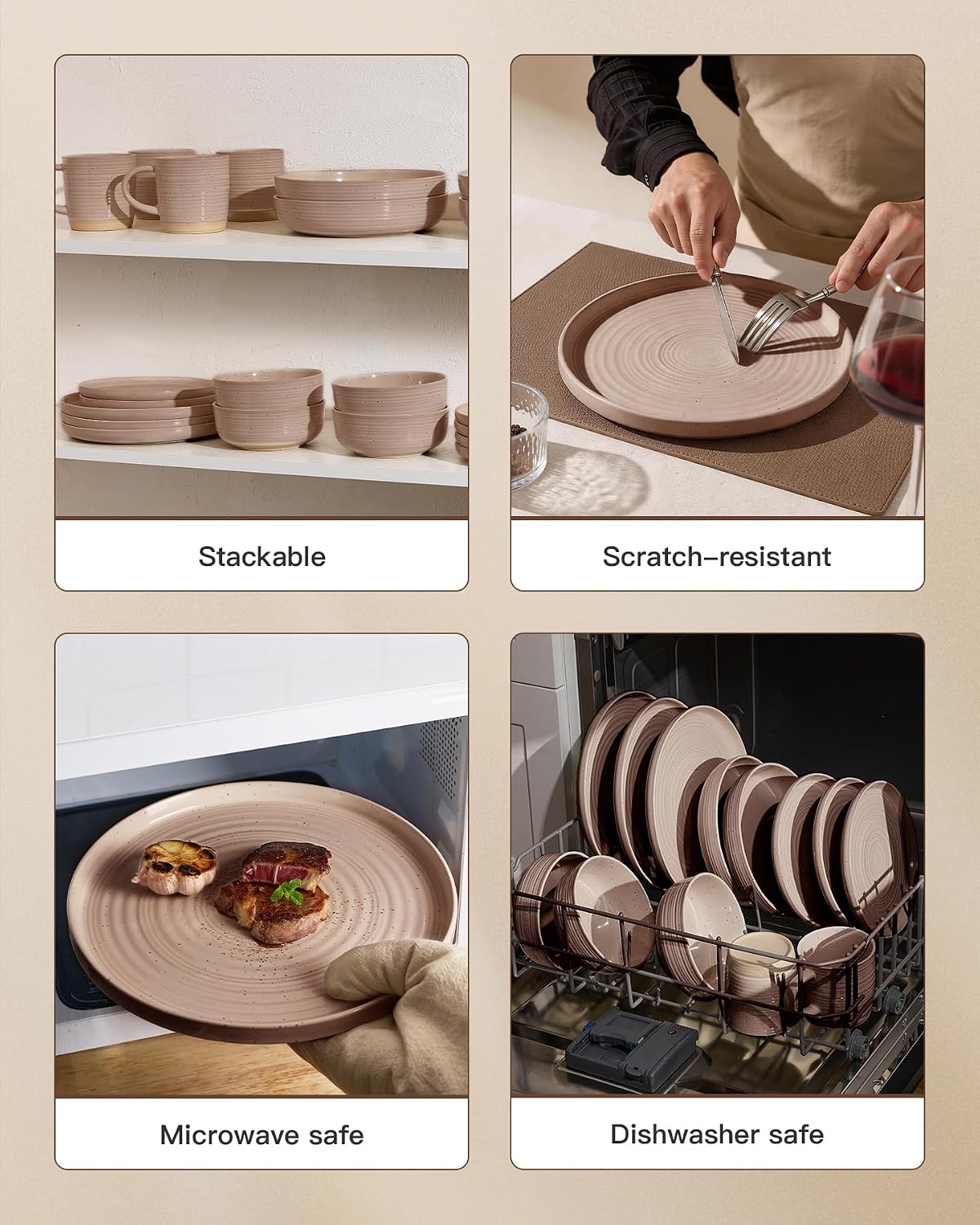 Stoneware Dinnerware Sets for 6, Plates and Bowls, Brown