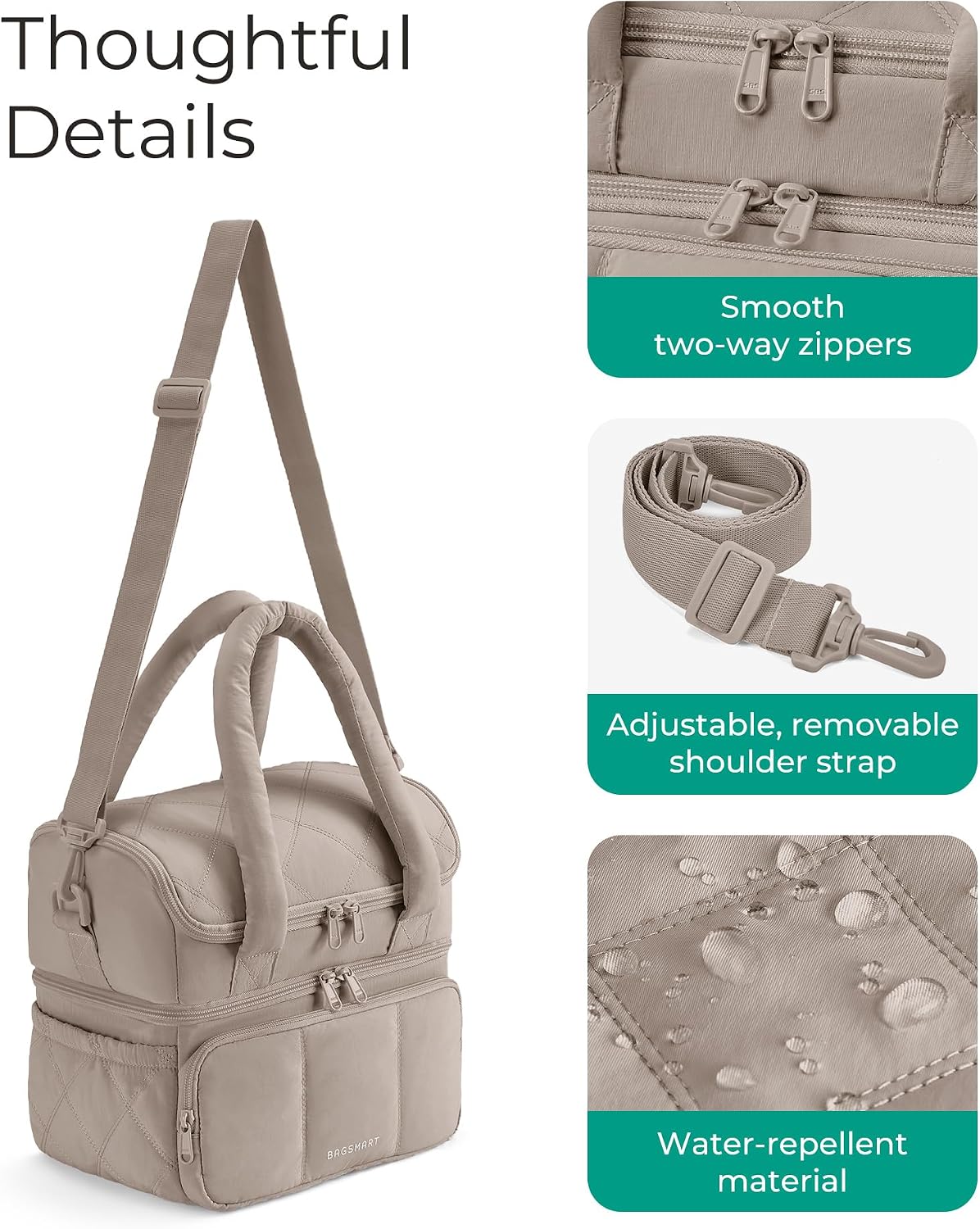 BAGSMART Lunch Bag Women, Double Deck Insulated Lunch Box, Camel
