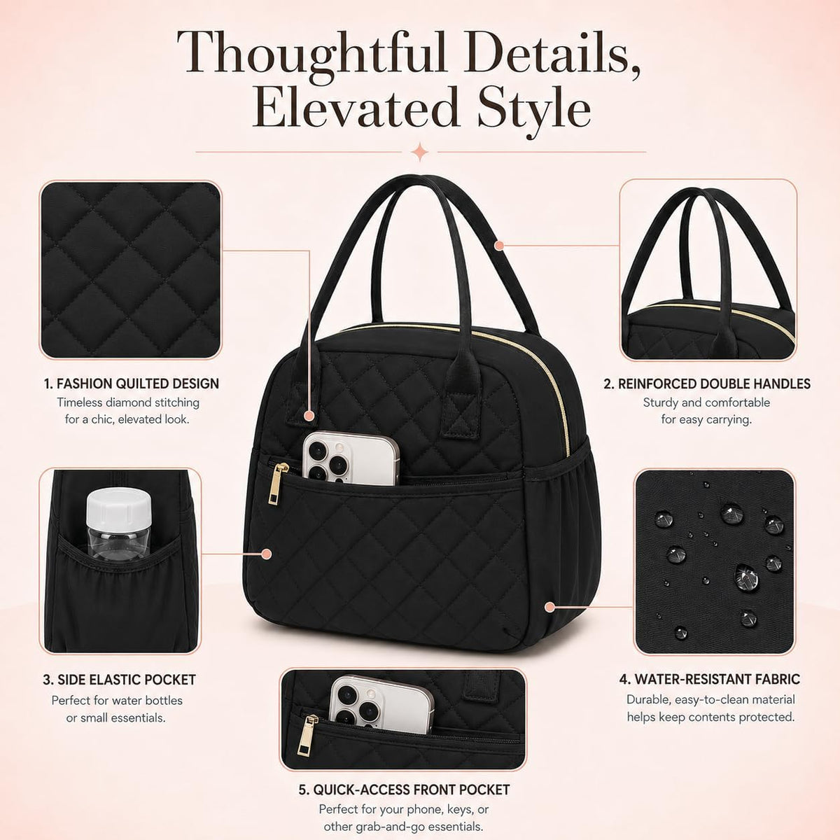 CAMTOP Lunch Box for Women Insulated Lunch Bag Lunchbox Cooler Thermal Leakproof Quilted Reusable Lunch Tote Bag for Work School Travel Picnic (Black)