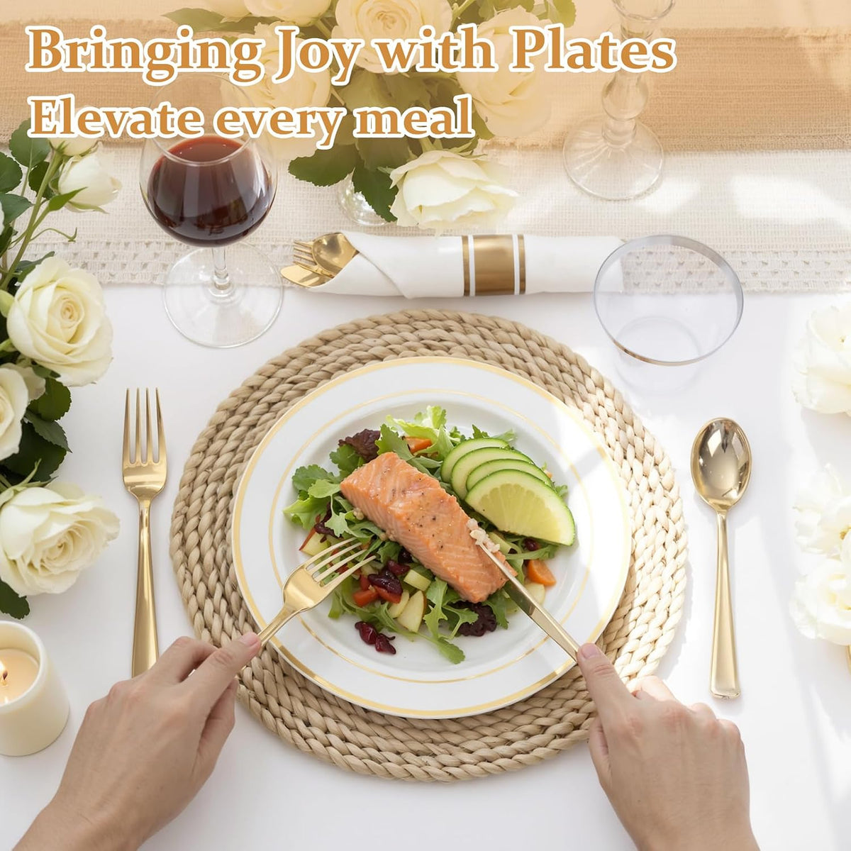 WDF Partyware 350Piece Gold Dinnerware Set for 50 Guests - Gold Plastic Plates with Disposable Cutlery - 50Dinner Plates-50Dessert Plates-50Pre Rolled Napkins with Silverware for Wedding/Thanksgiving