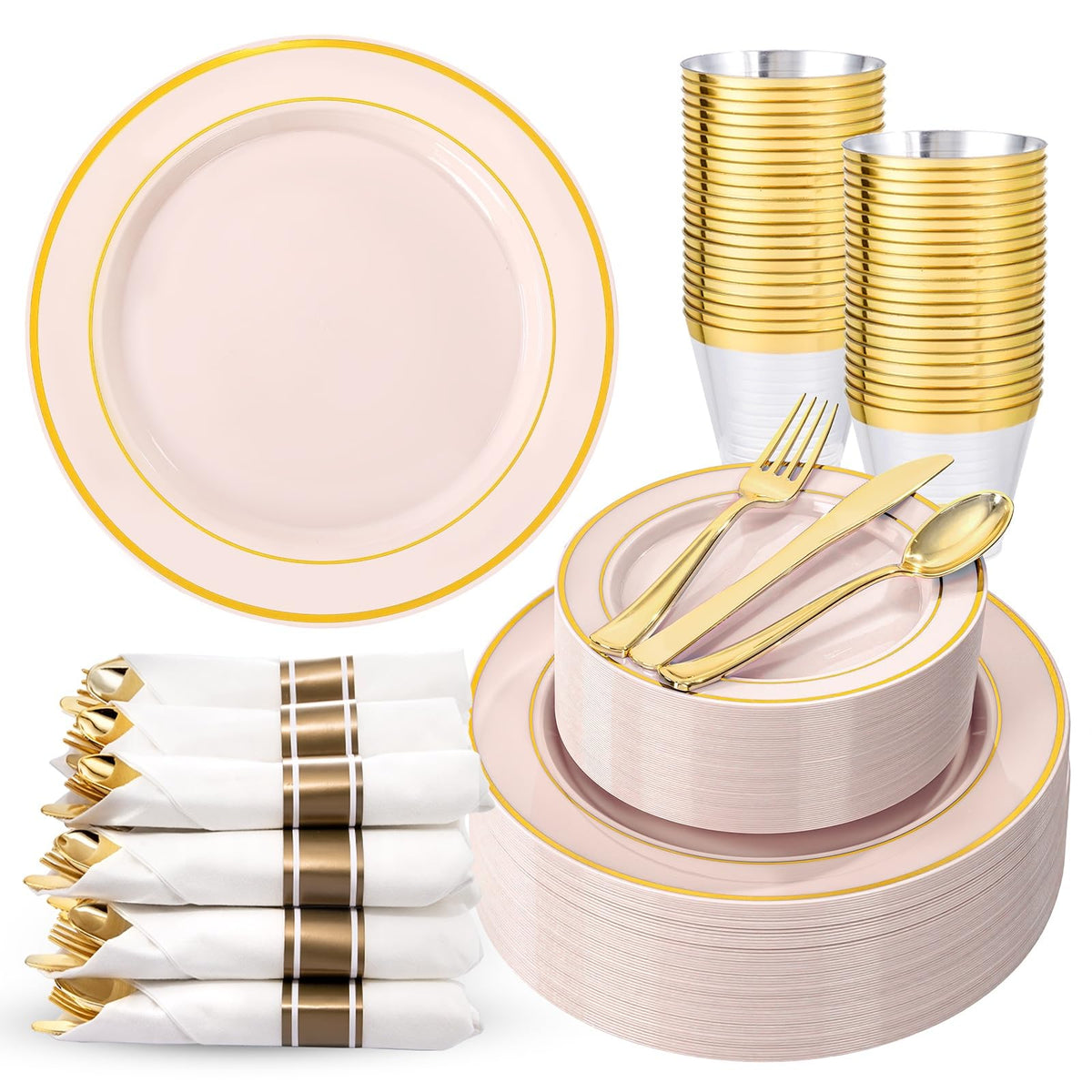 WDF Partyware 350Piece Gold Dinnerware Set for 50 Guests - Gold Plastic Plates with Disposable Cutlery - 50Dinner Plates-50Dessert Plates-50Pre Rolled Napkins with Silverware for Wedding/Thanksgiving