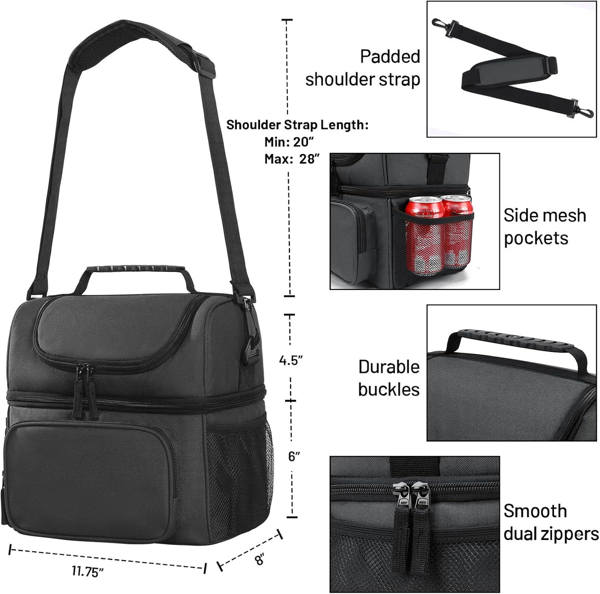 MIER Men's Insulated Lunch Box Large Lunch Bag Cooler for Outdoor Dark Gray