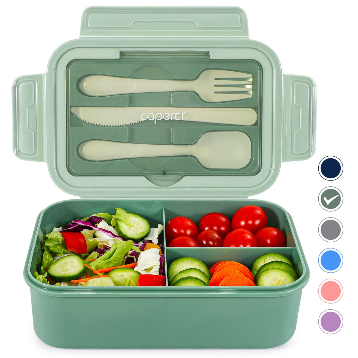 Caperci Classic Bento Box Adult Lunch Box for Older Kids - Leakpoof 47 oz 3-Compartment Containers for Adults and Teens, Built-in Utensil Set, Ideal for On-the-Go Balanced Eating, Navy Blue