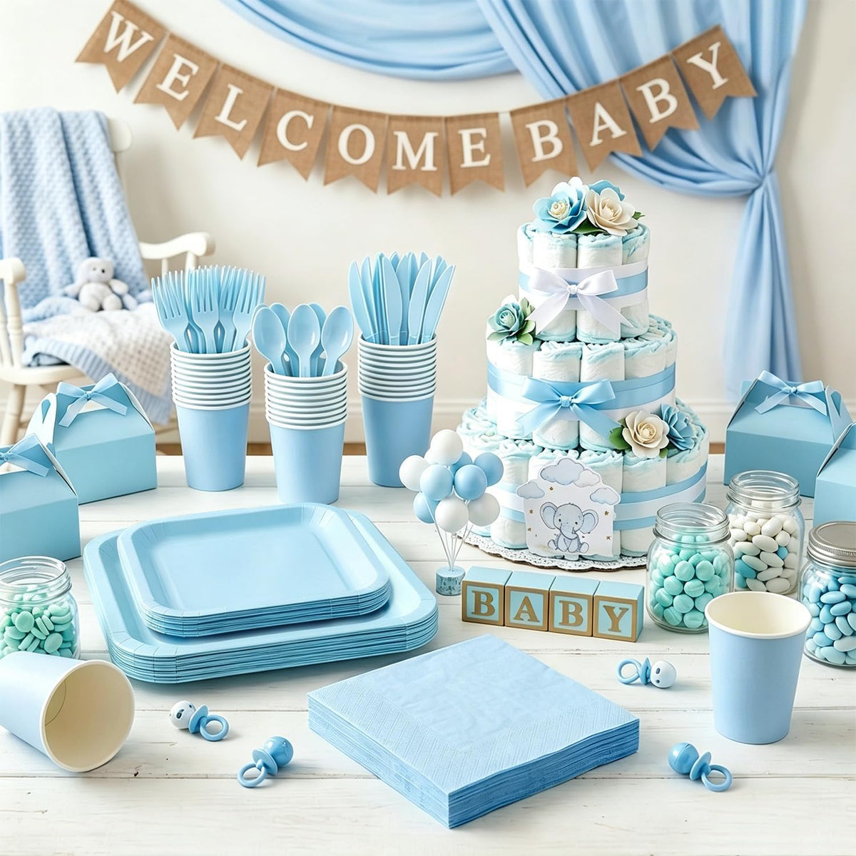 Vyntra 350 Pcs Light Blue Square Paper Plates and Napkins Set, Serves 50