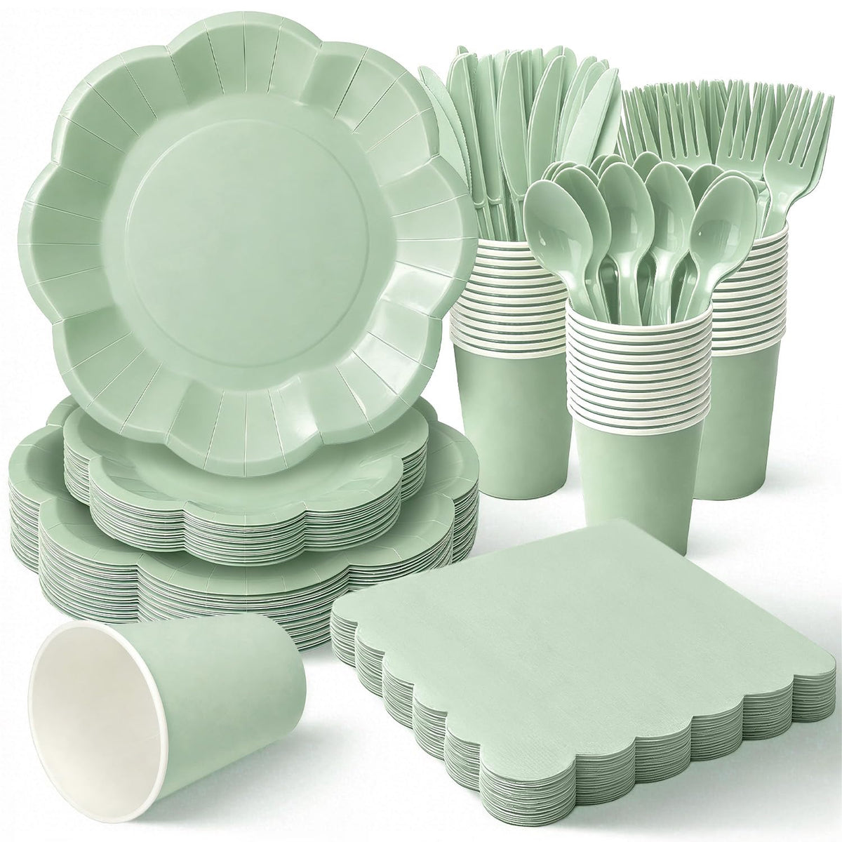 Vyntra Ivory Paper Plates, Cups & Napkins, 350 Pcs Scalloped Party Set