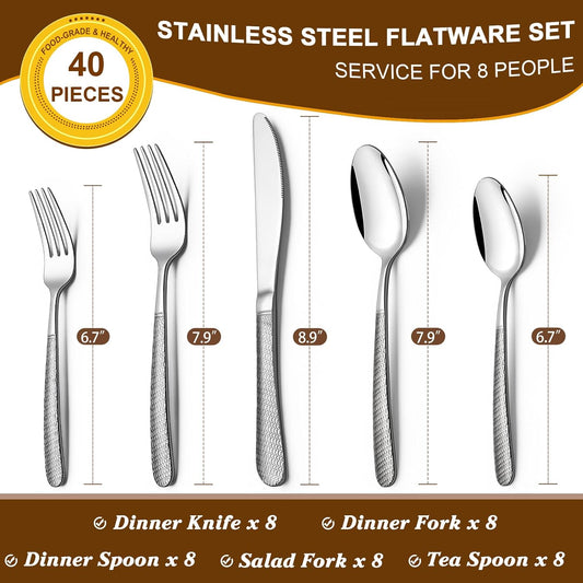 40-Piece Hammered Silverware Set, Deedro Stainless Steel Flatware Set for 8