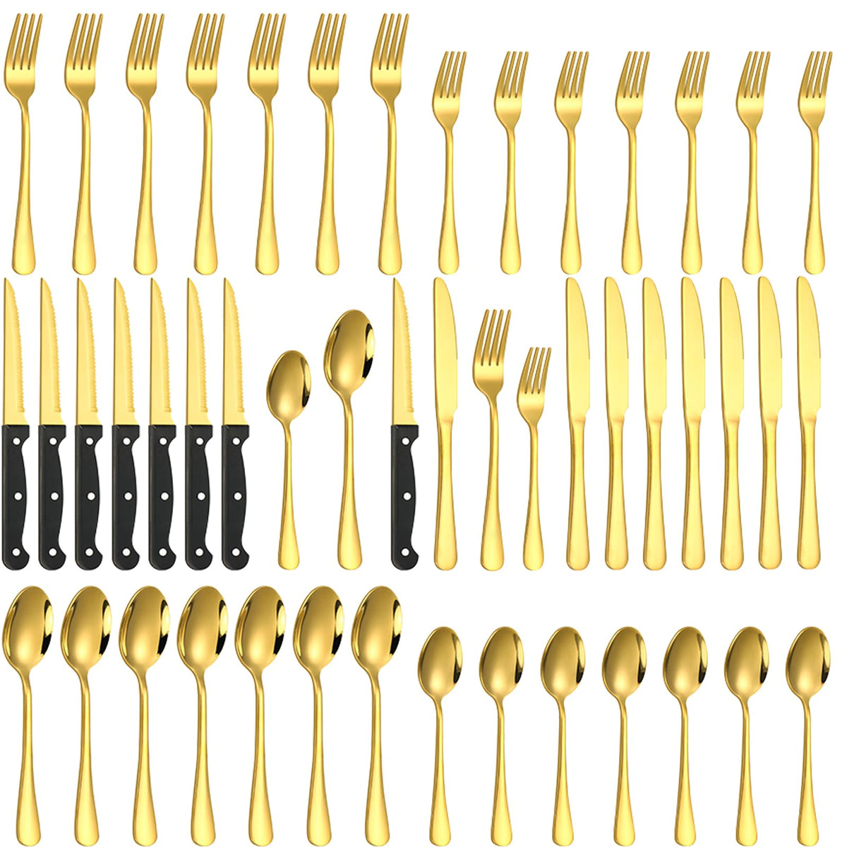 Lazycorner 60-Piece Black Silverware Set with Steak Knives Black Stainless Steel Flatware Set for 10 Food Grade Tableware Cutlery Set Rust-proof, Mirror Polished, Dishwasher Safe