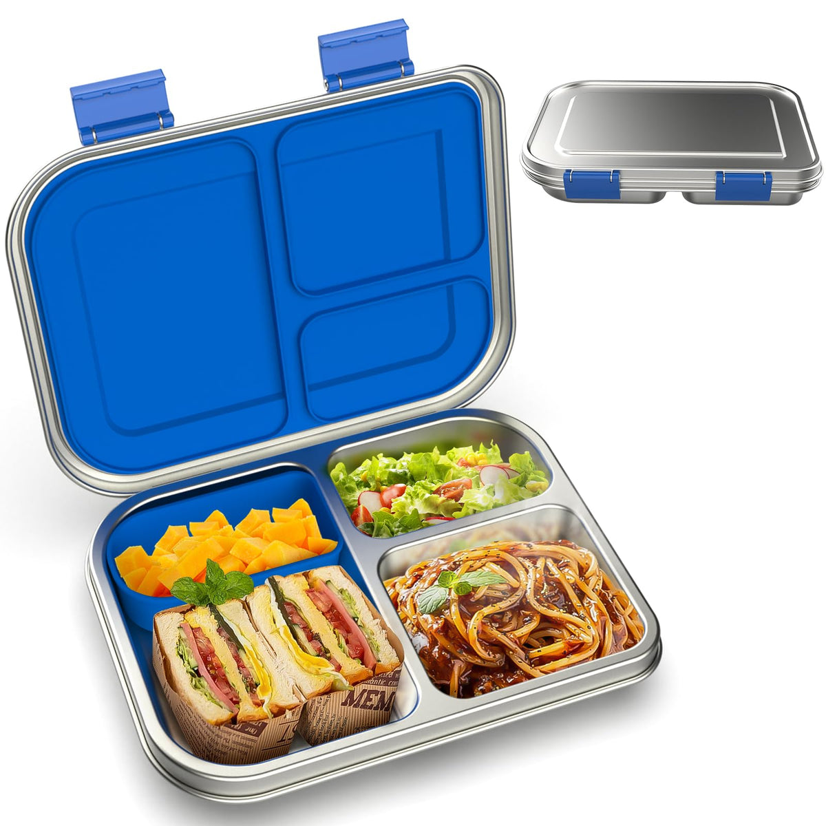BOSEDSANG Stainless Steel Kids Leak-Resistant Bento Lunch Box, 3-Compartments with Silicone Container, Dishwasher-Safe, Child-Friendly Design for School, Picnics & Travel,BPA-Free (Blue)