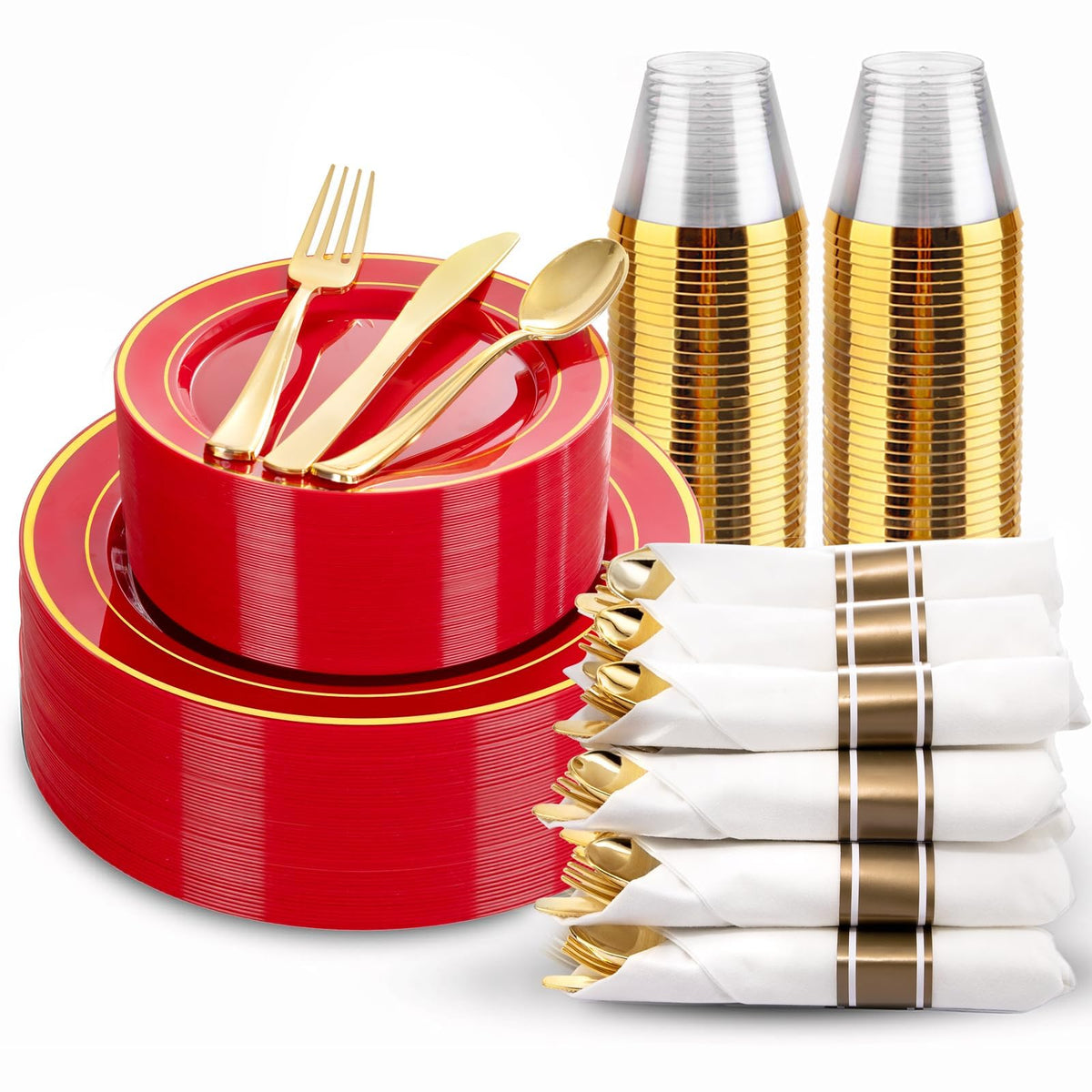 WDF Partyware 350Piece Gold Dinnerware Set for 50 Guests - Gold Plastic Plates with Disposable Cutlery - 50Dinner Plates-50Dessert Plates-50Pre Rolled Napkins with Silverware for Wedding/Thanksgiving